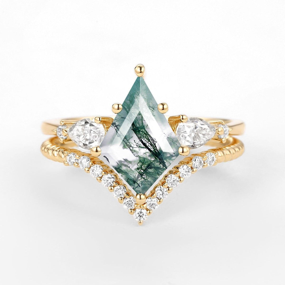 Delilah Kite Moss Agate Three Stones Engagement Ring Set 2pcs