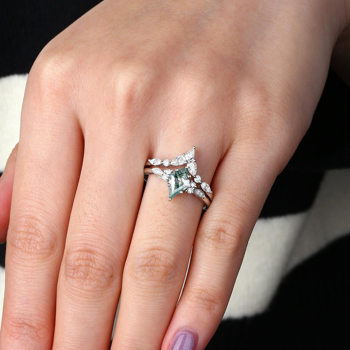 Moss Agate White Gold Engagement Ring Set 2pcs - View 2
