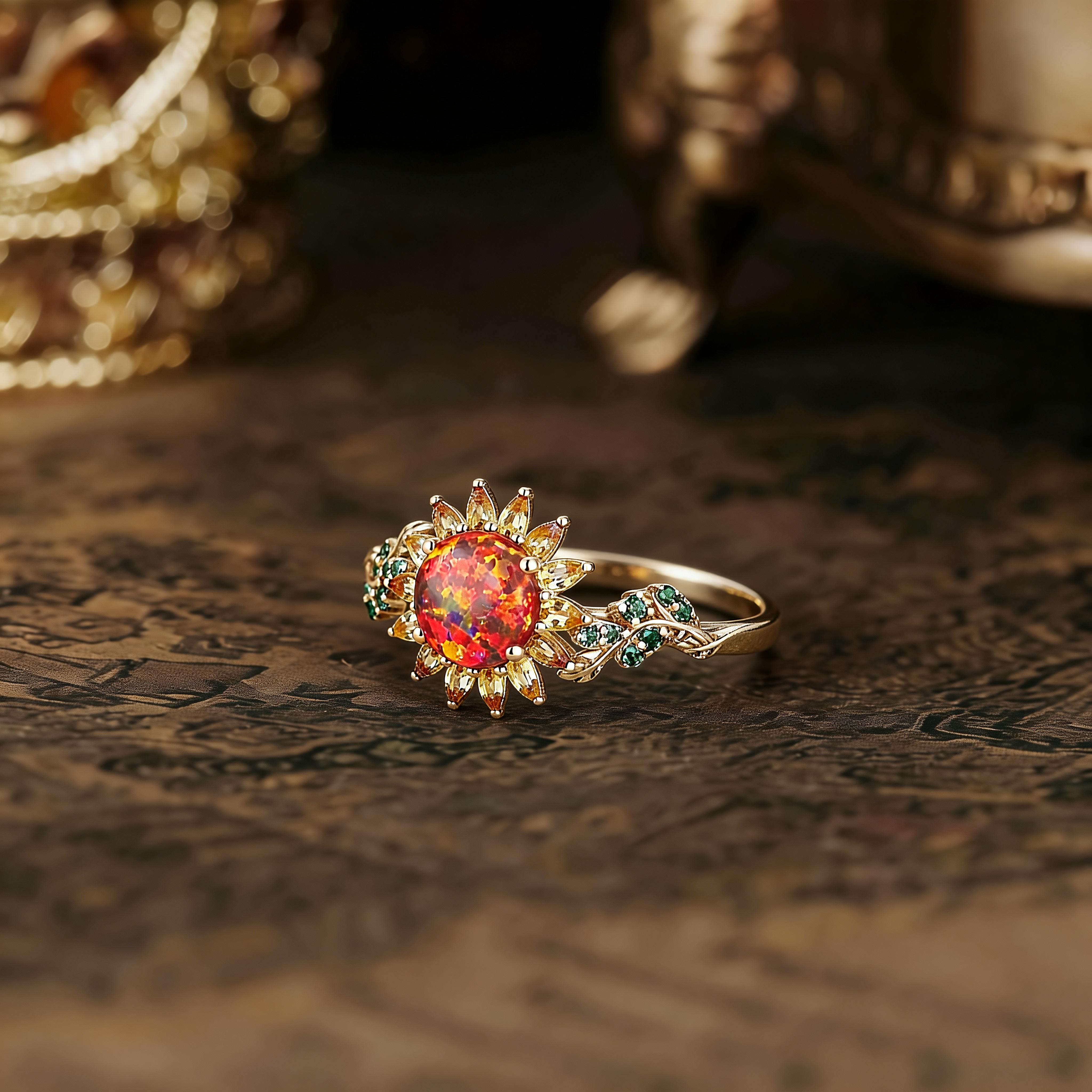 Black Opal and Lab Emerald Sunflower Engagement Ring