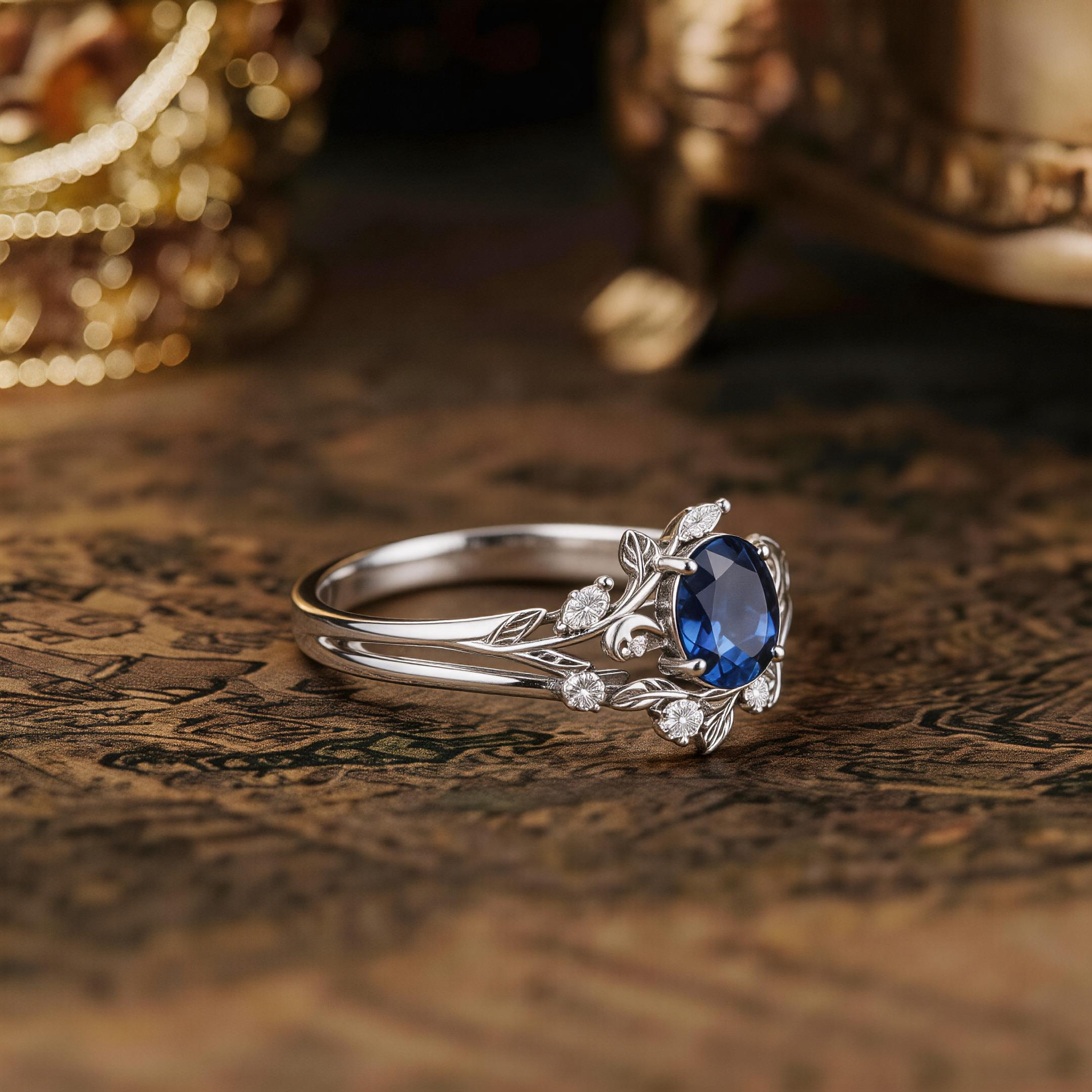 Nartyajewelry | Lab Sapphire Leaf and Moon Engagement Ring Set
