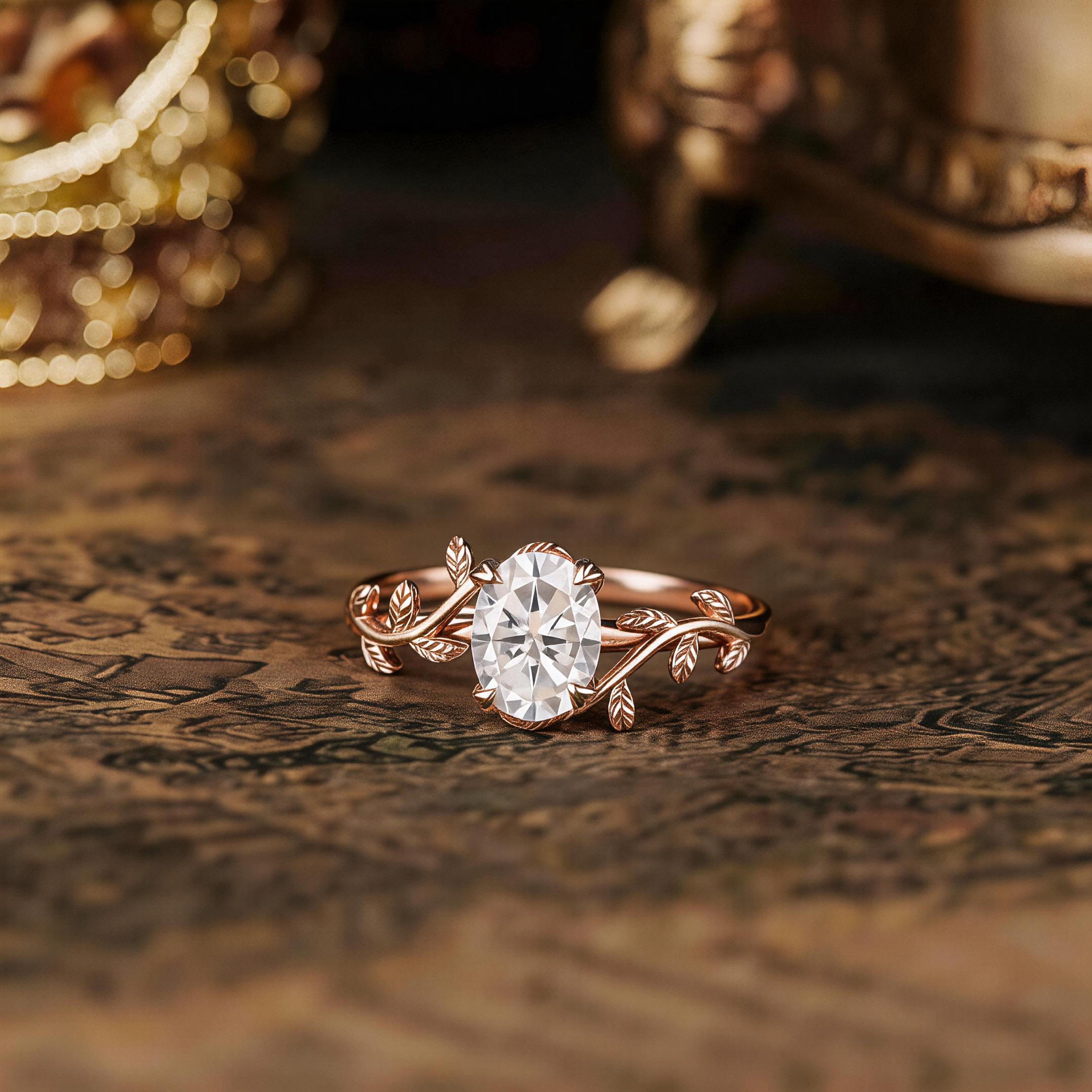 1.5ct Oval Cut Moissanite Engagement Ring, Leaf Design Gold Ring for Women