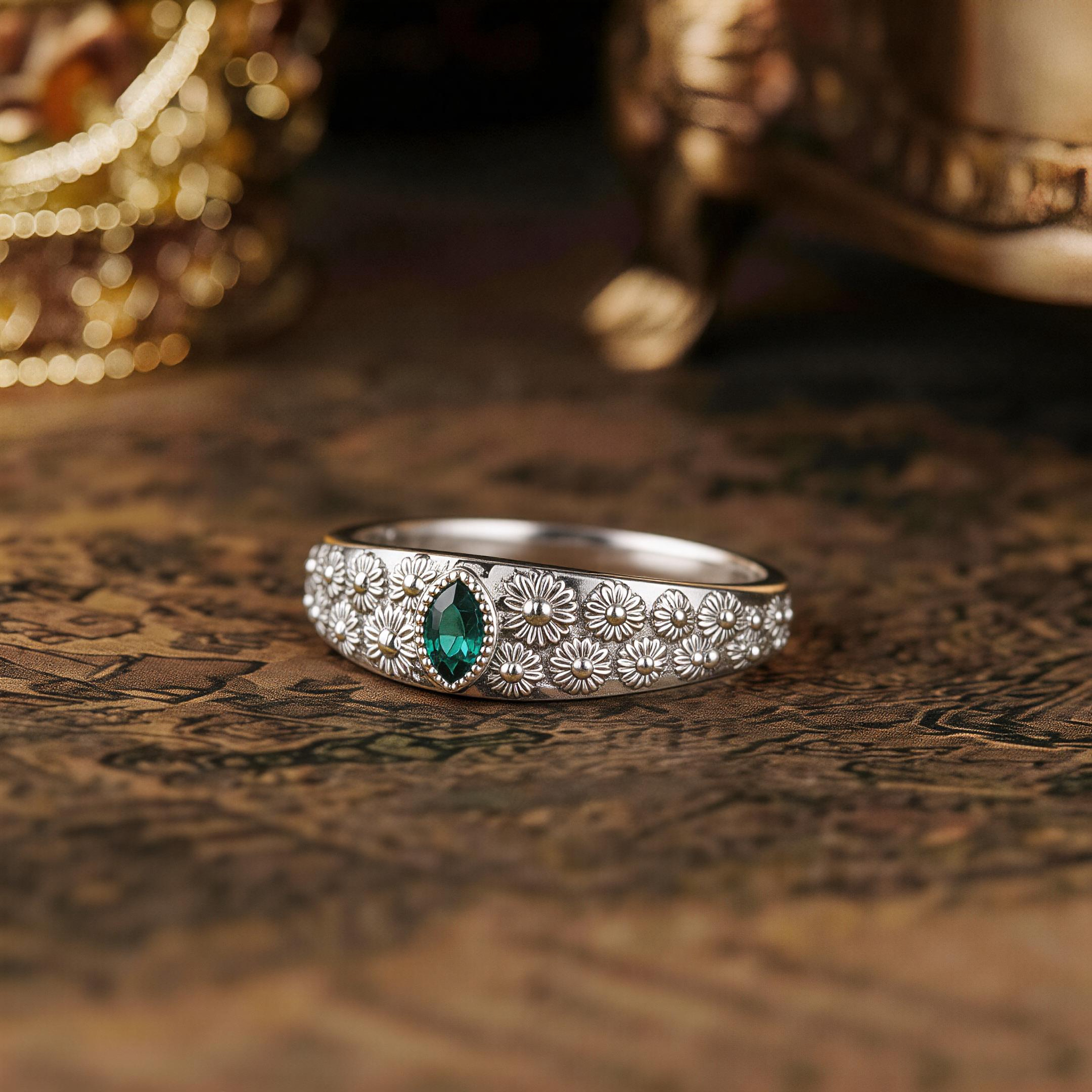 Vintage Sunflower Emerald Signet Ring for Men, Floral Lab Emerald Wedding Band