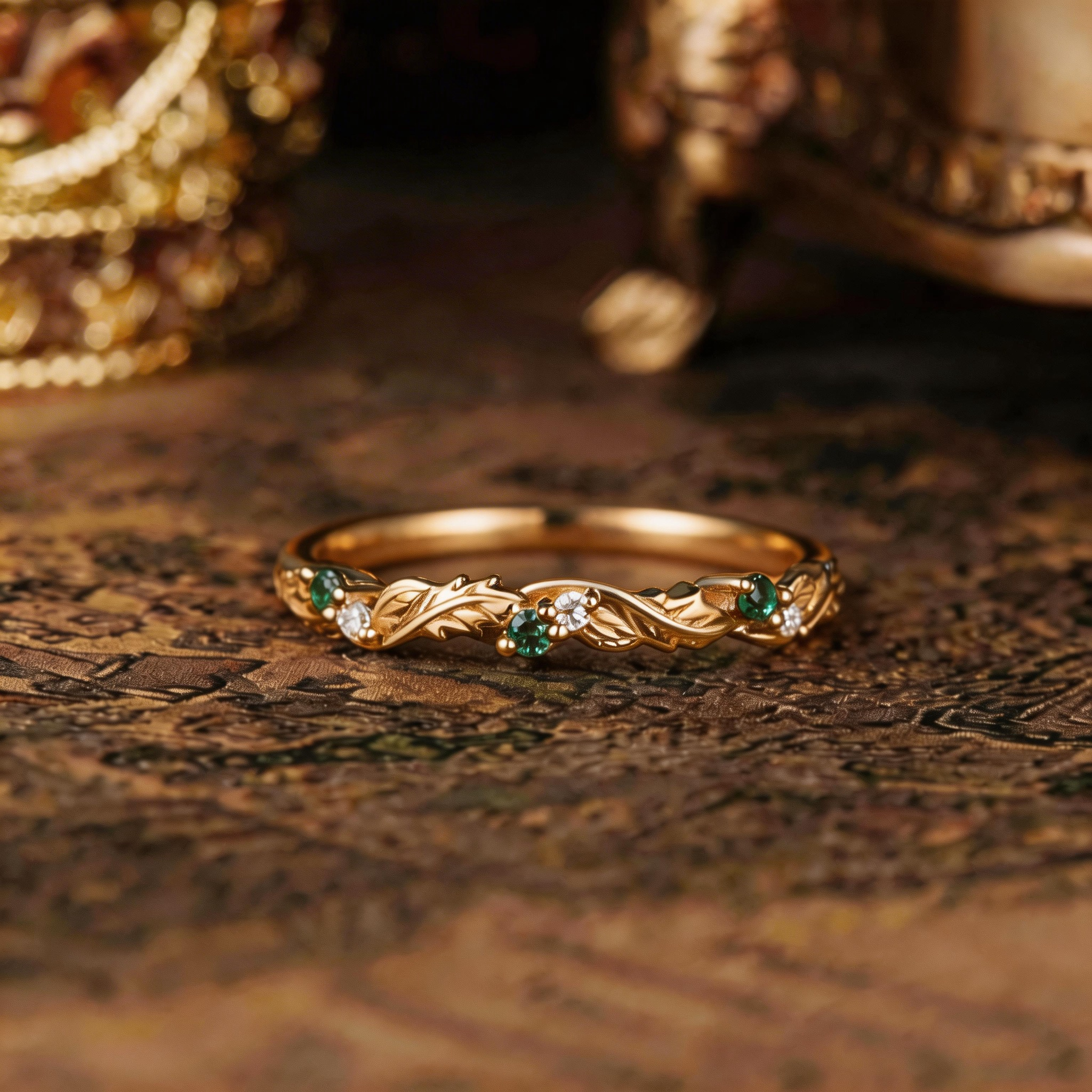 Leaf Inspired | Eternity Wedding Band with Lab Green Sapphire and Moissanite