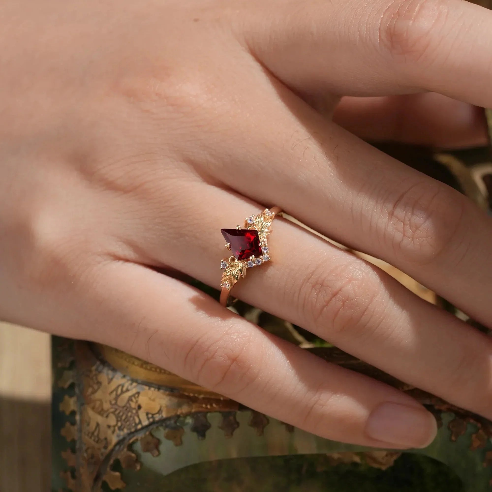 Kite Cut Ruby Engagement Ring with Moonstone Side Stone Leaf Design - Brielle