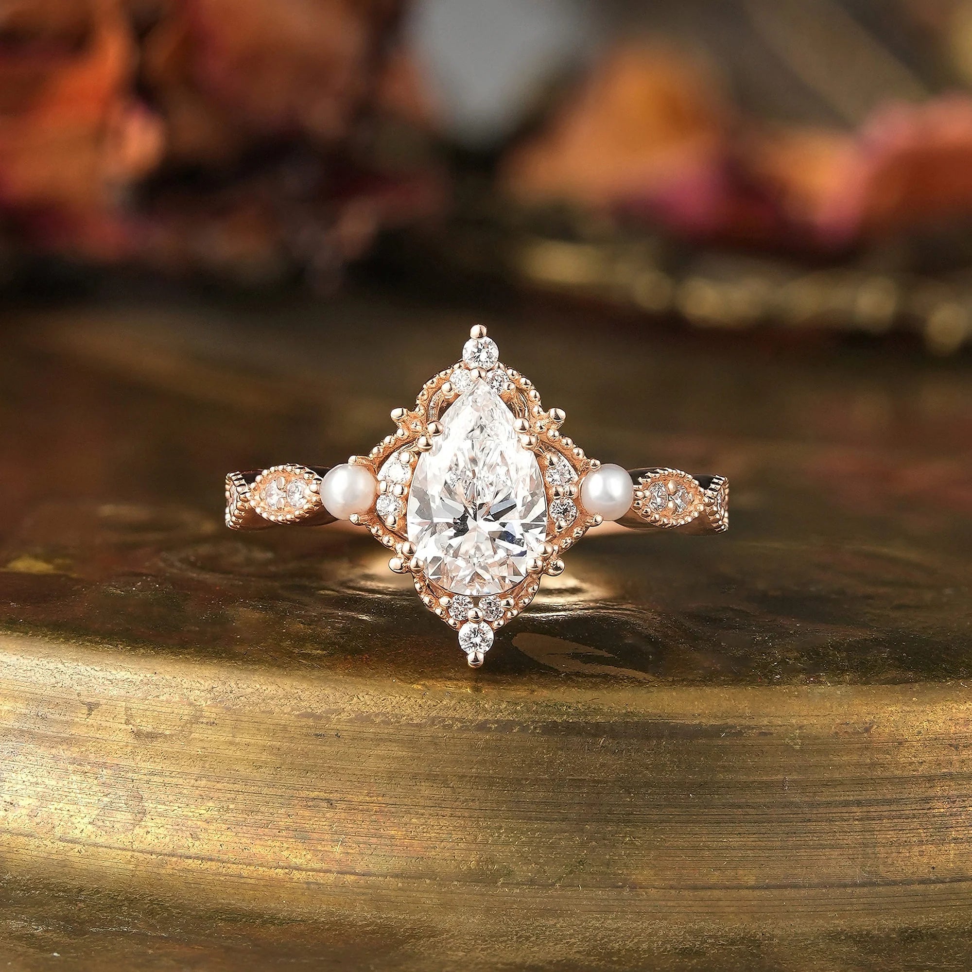 Moissanite Ring with Pearl Accents - Eulalie - Nartya
