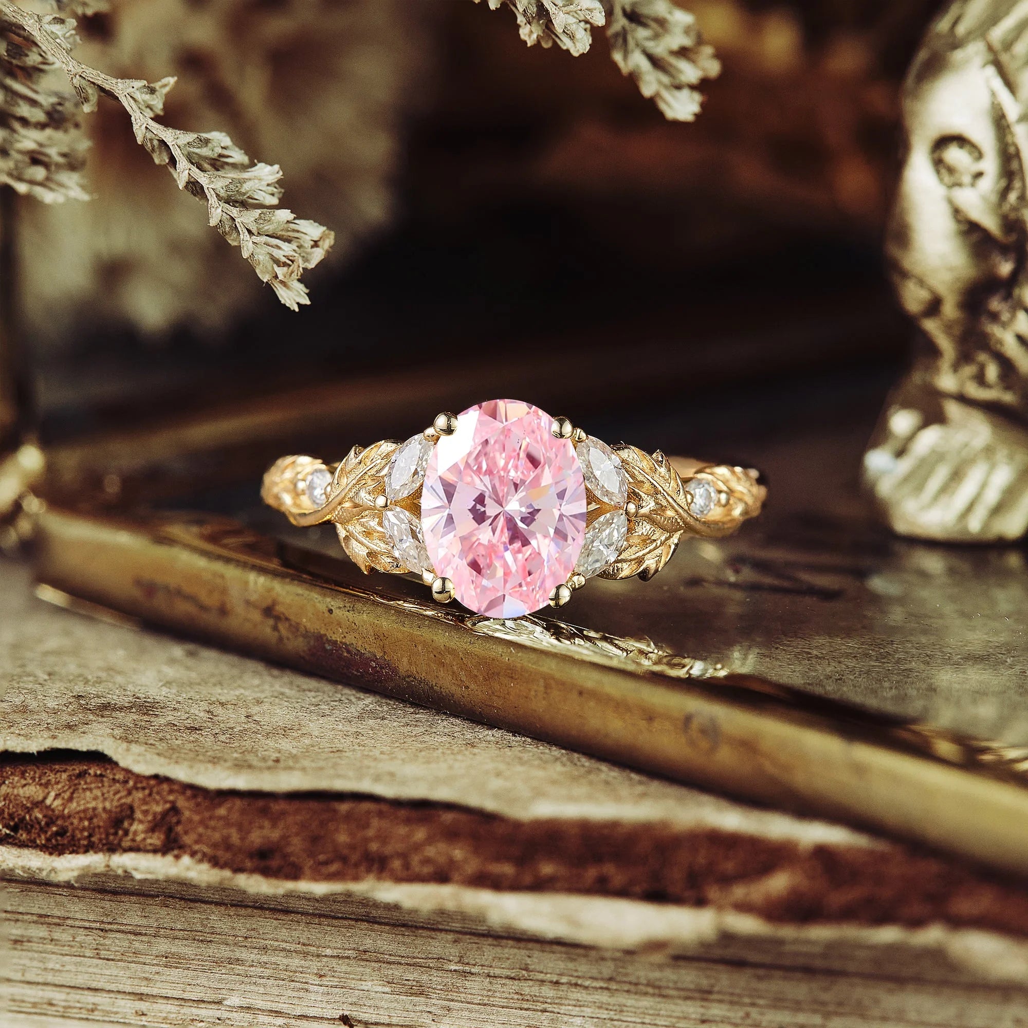 Lab Grown Pink Moissanite Crossed Leaf Engagement Ring - Bella | Nartya