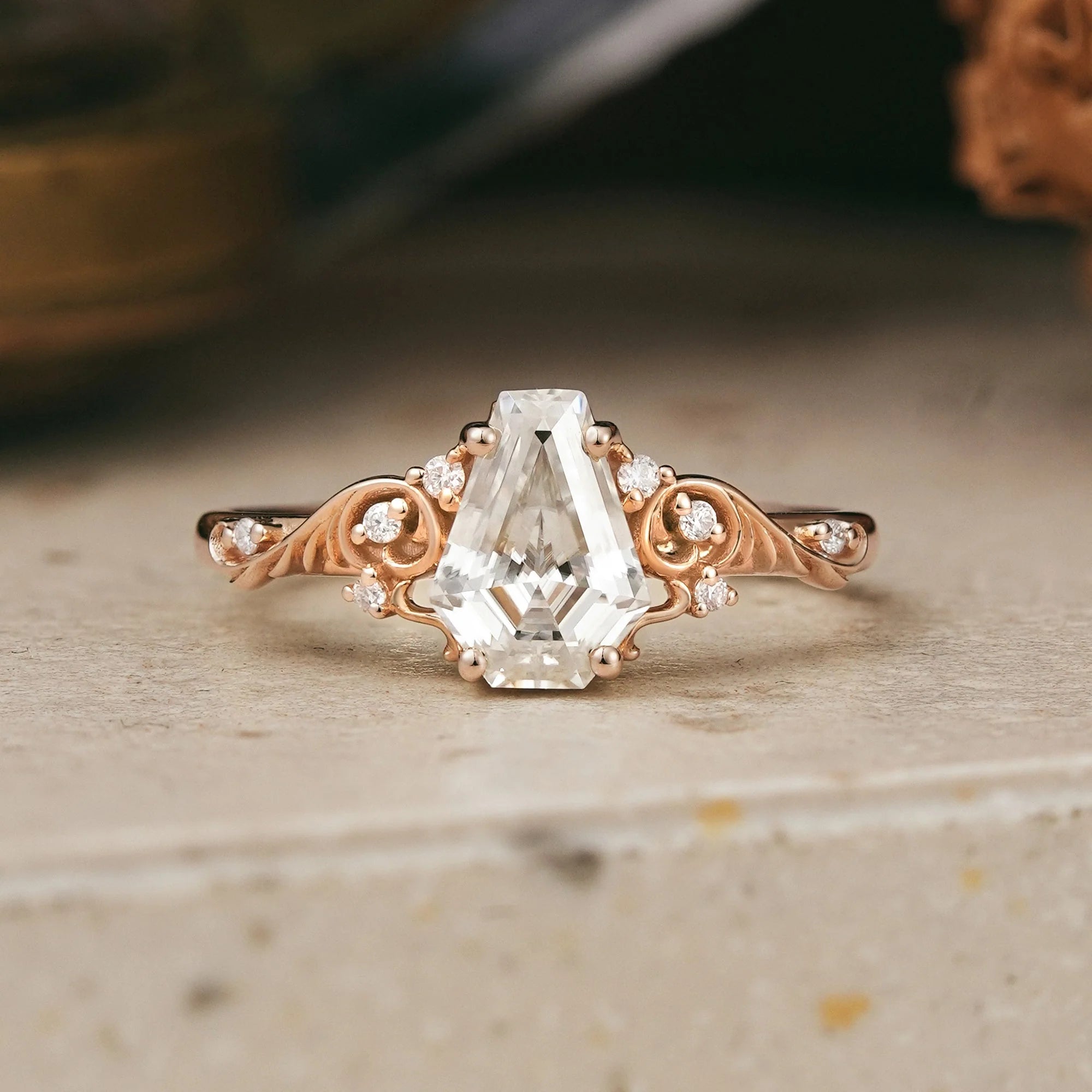 Leaf Inspired Coffin Cut Moissanite Engagement Ring - Sherry