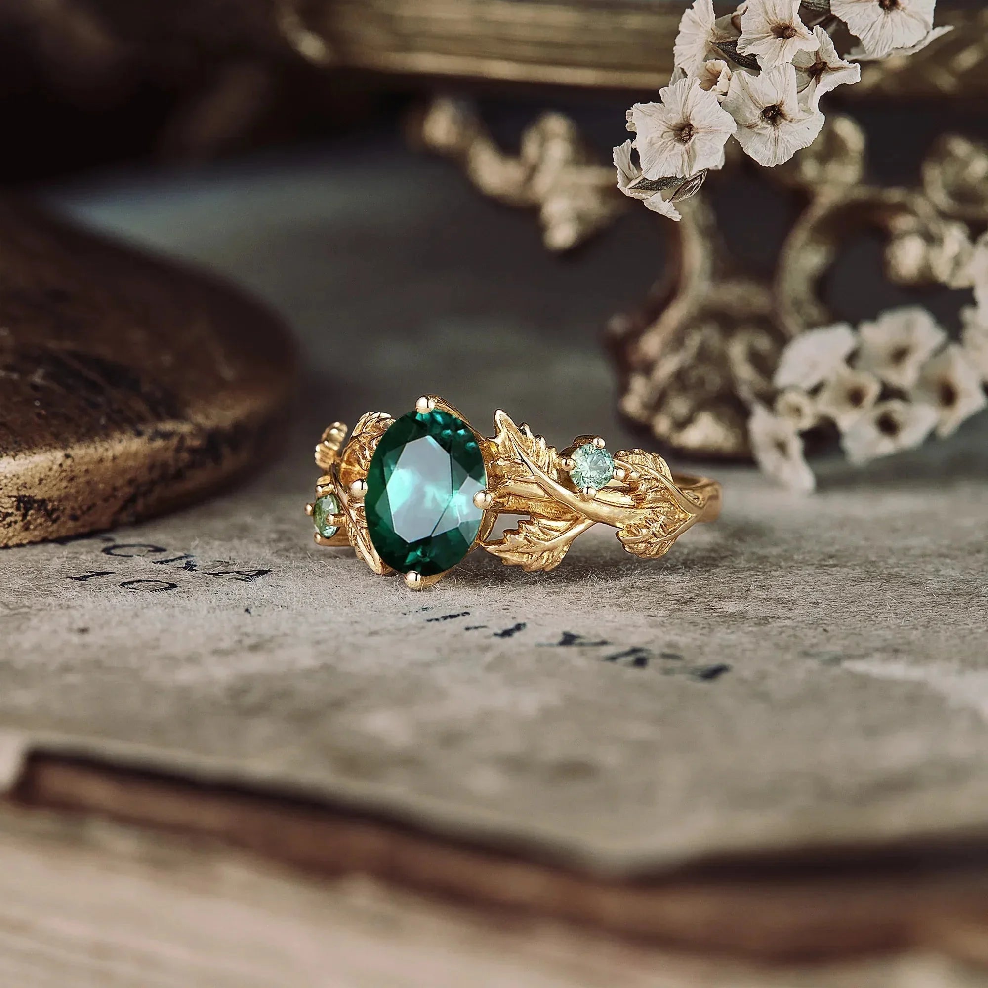 Leaf-Inspired Oval Emerald Engagement Ring - Nartya