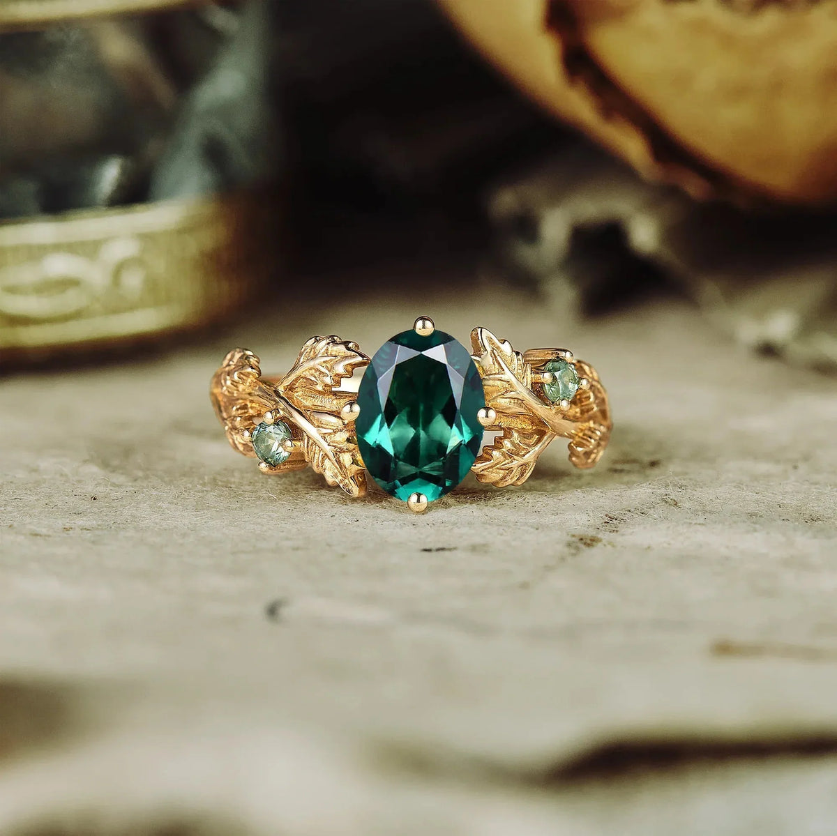 Leaf-Inspired Oval Emerald Engagement Ring - Nartya