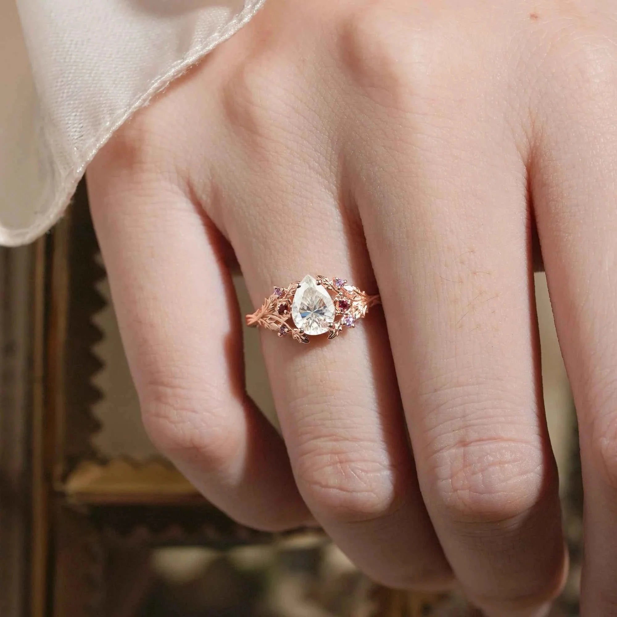 Leaf Moissanite & Ruby Engagement Ring - Matilda