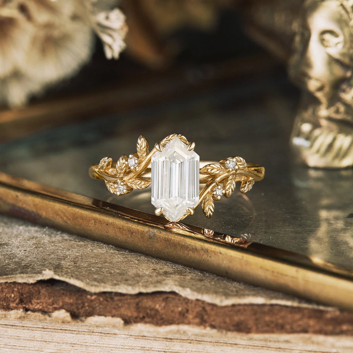 Long - hexagon Moissanite Leaf Design Engagement Ring