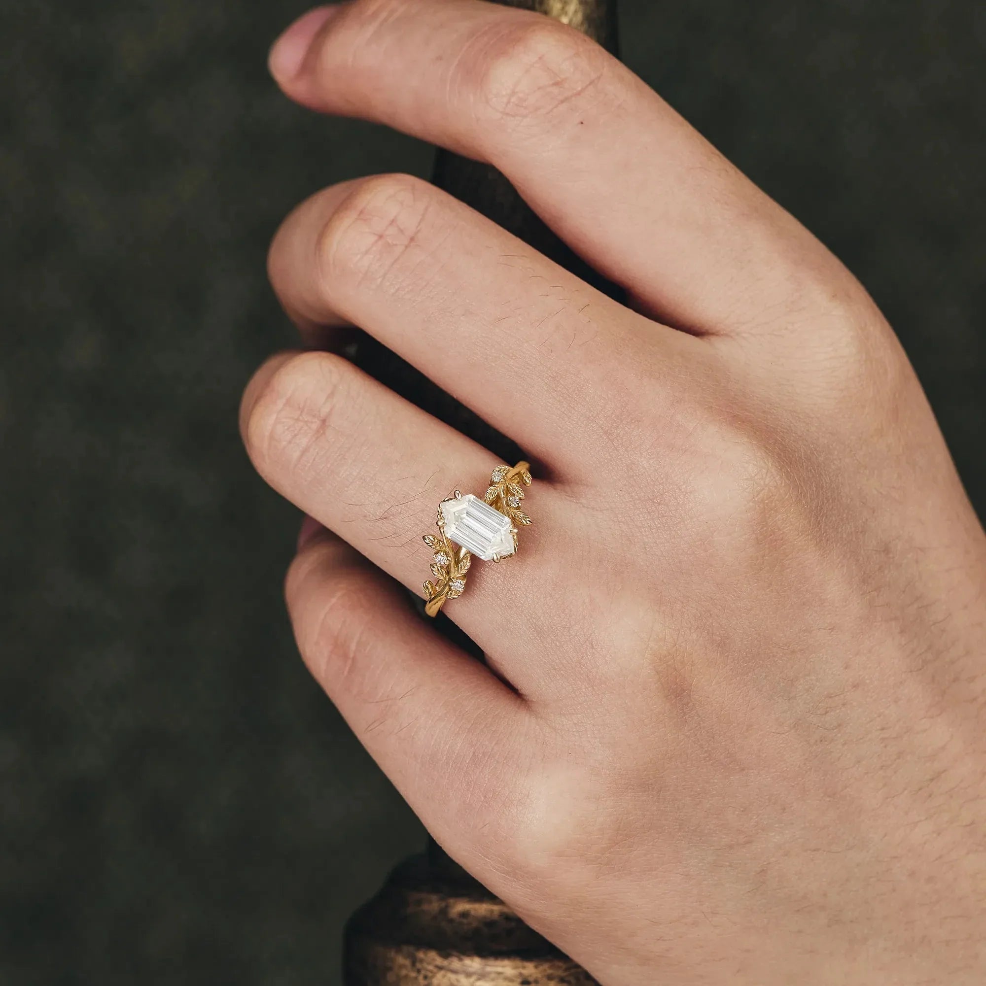 Long - hexagon Moissanite Leaf Design Engagement Ring - Nartya
