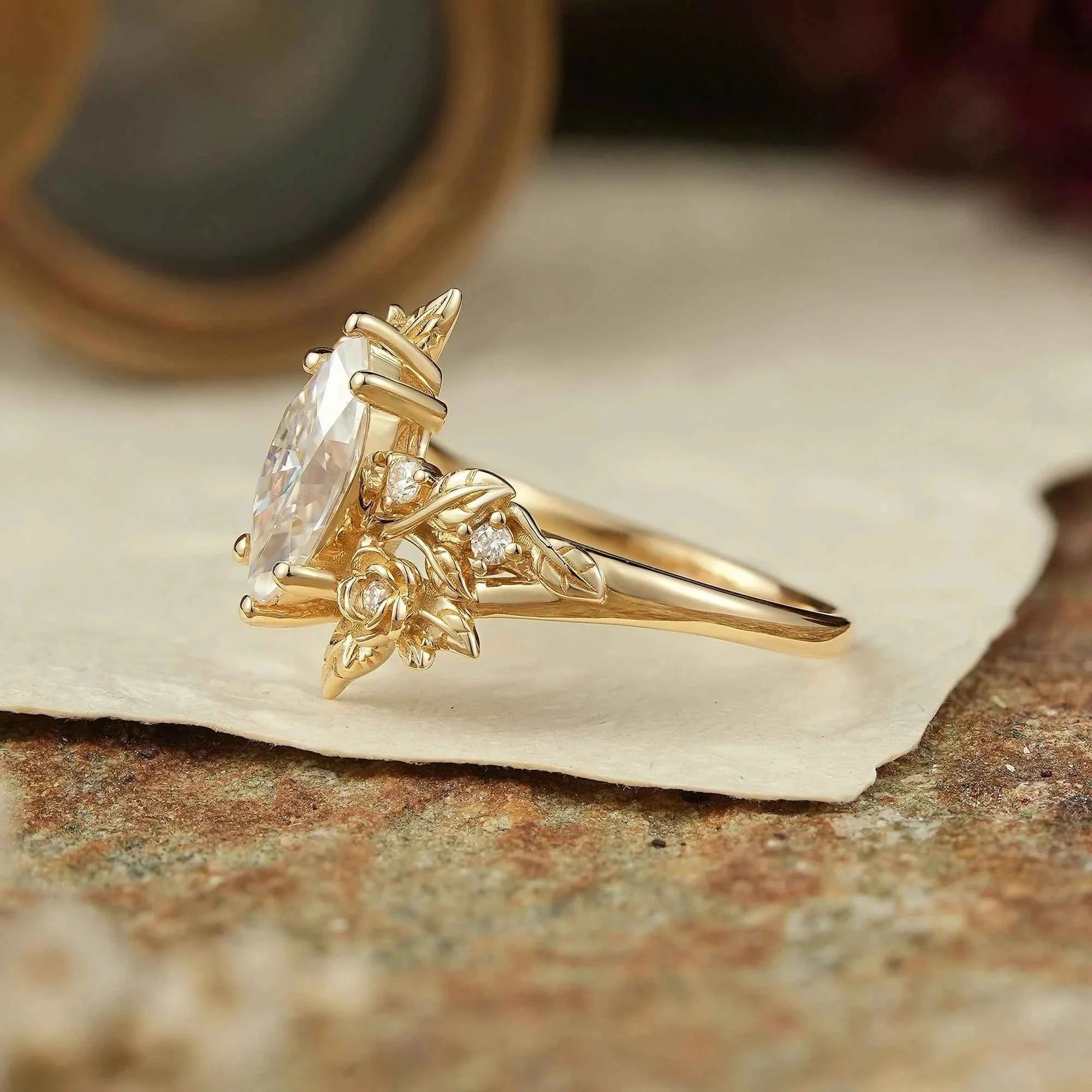 Marquise Cut Moissanite Flower Inspired Engagement Ring - Rose Blossom