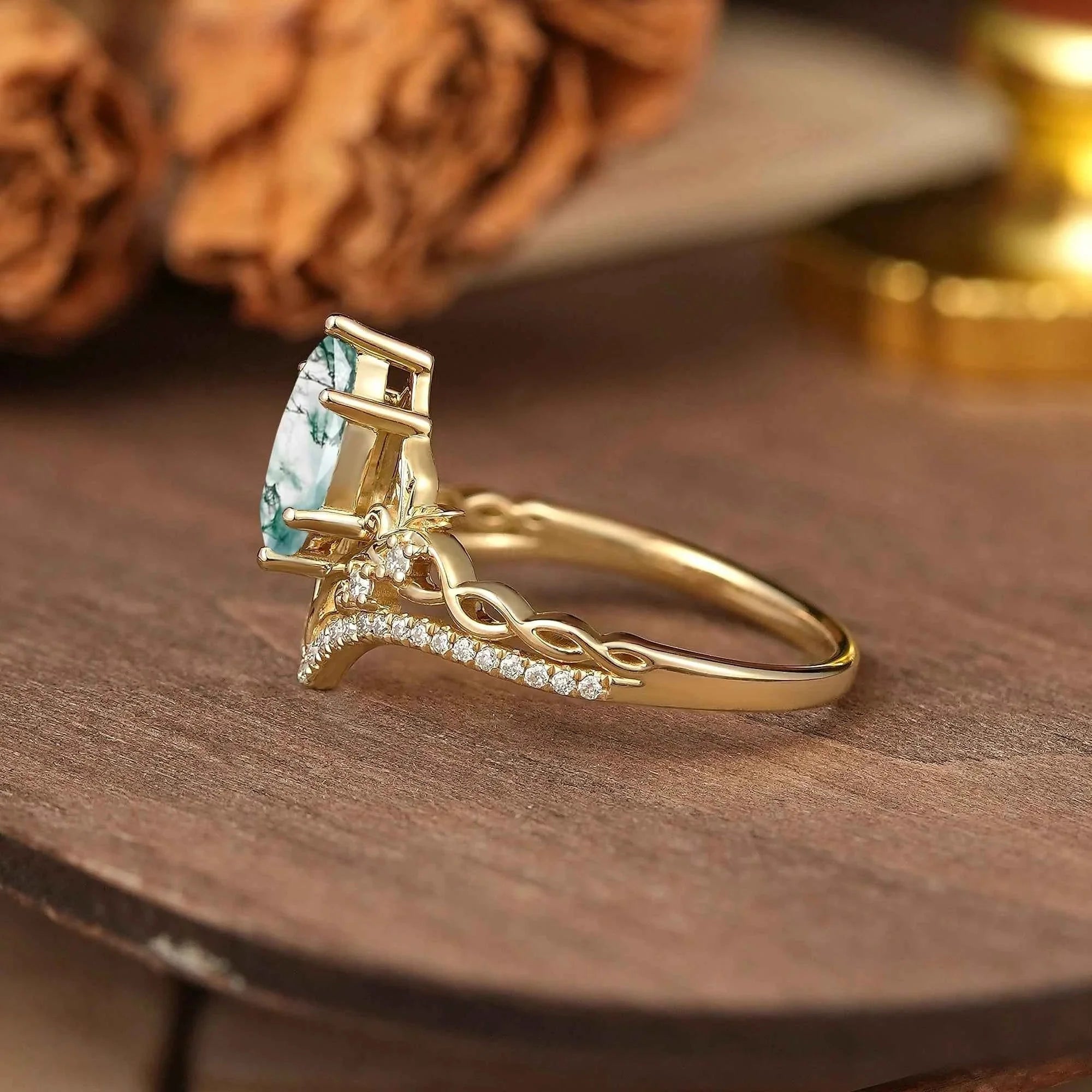 Marquise Cut Moss Agate Leaf And Vine Inspired Elven Engagement Ring - Alma