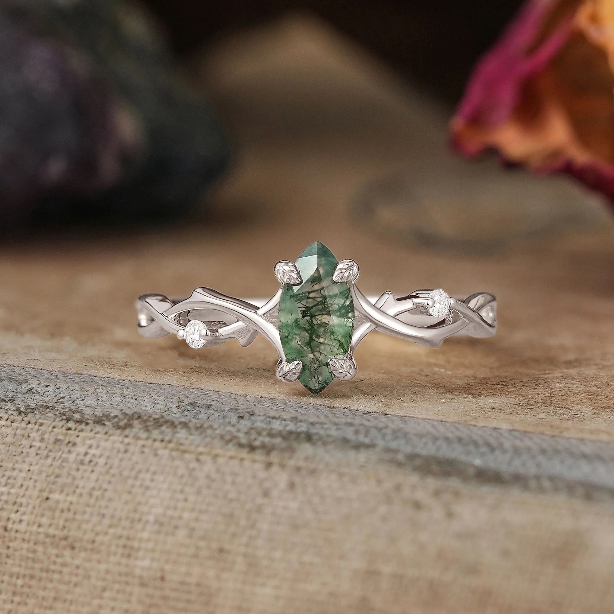 Marquise Cut Moss Agate Thorns Inspired Engagement Ring Unique Promise Ring - Briar | Nartya