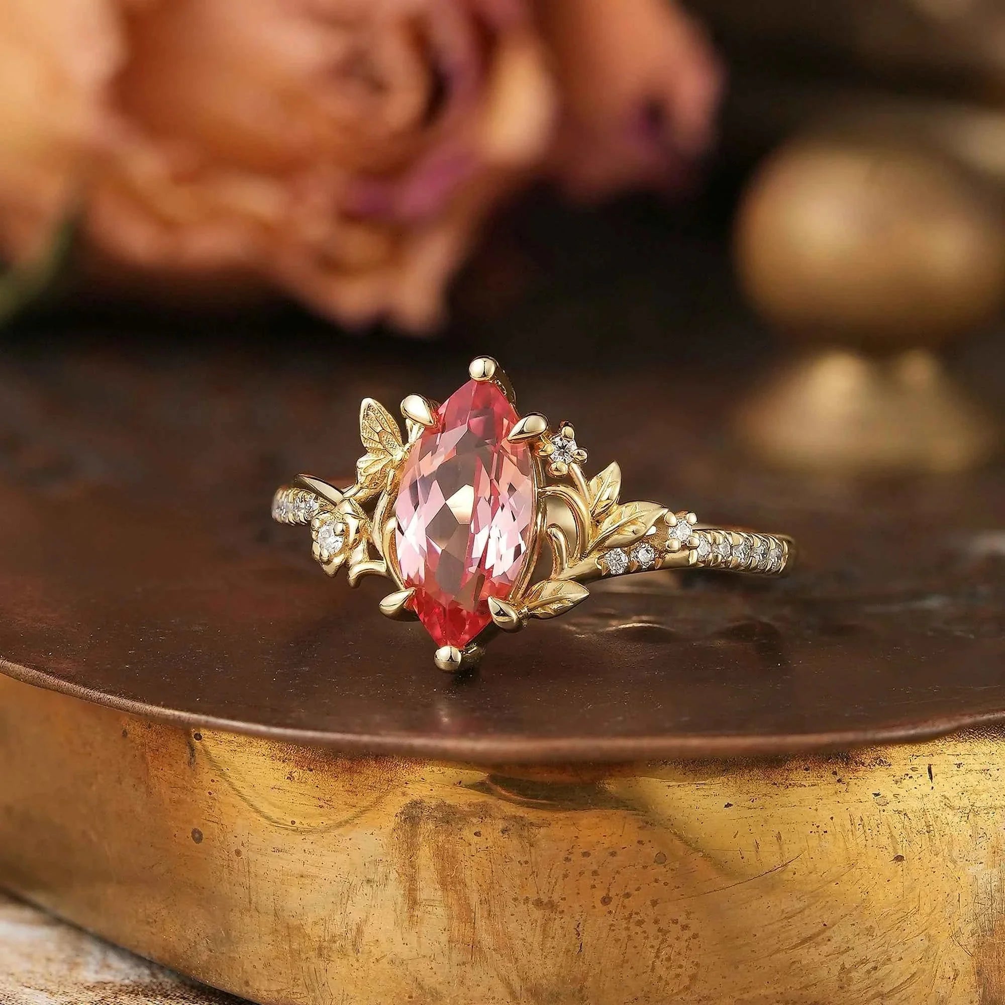 Marquise Cut Padparadscha Nature Inspired Engagement Ring - Zoey