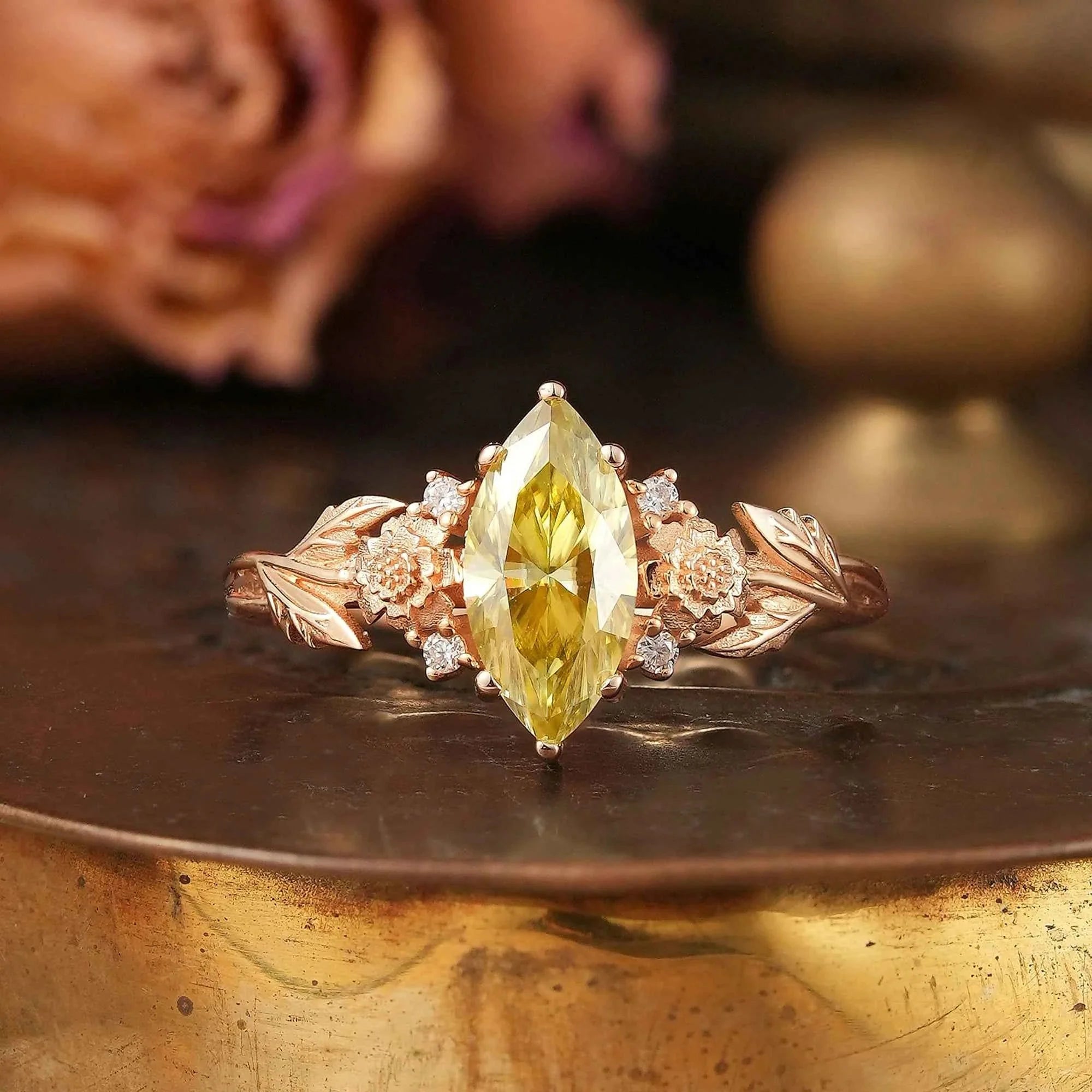 Marquise Cut Yellow Moissanite Daisy Inspired Engagement Ring - Elaine