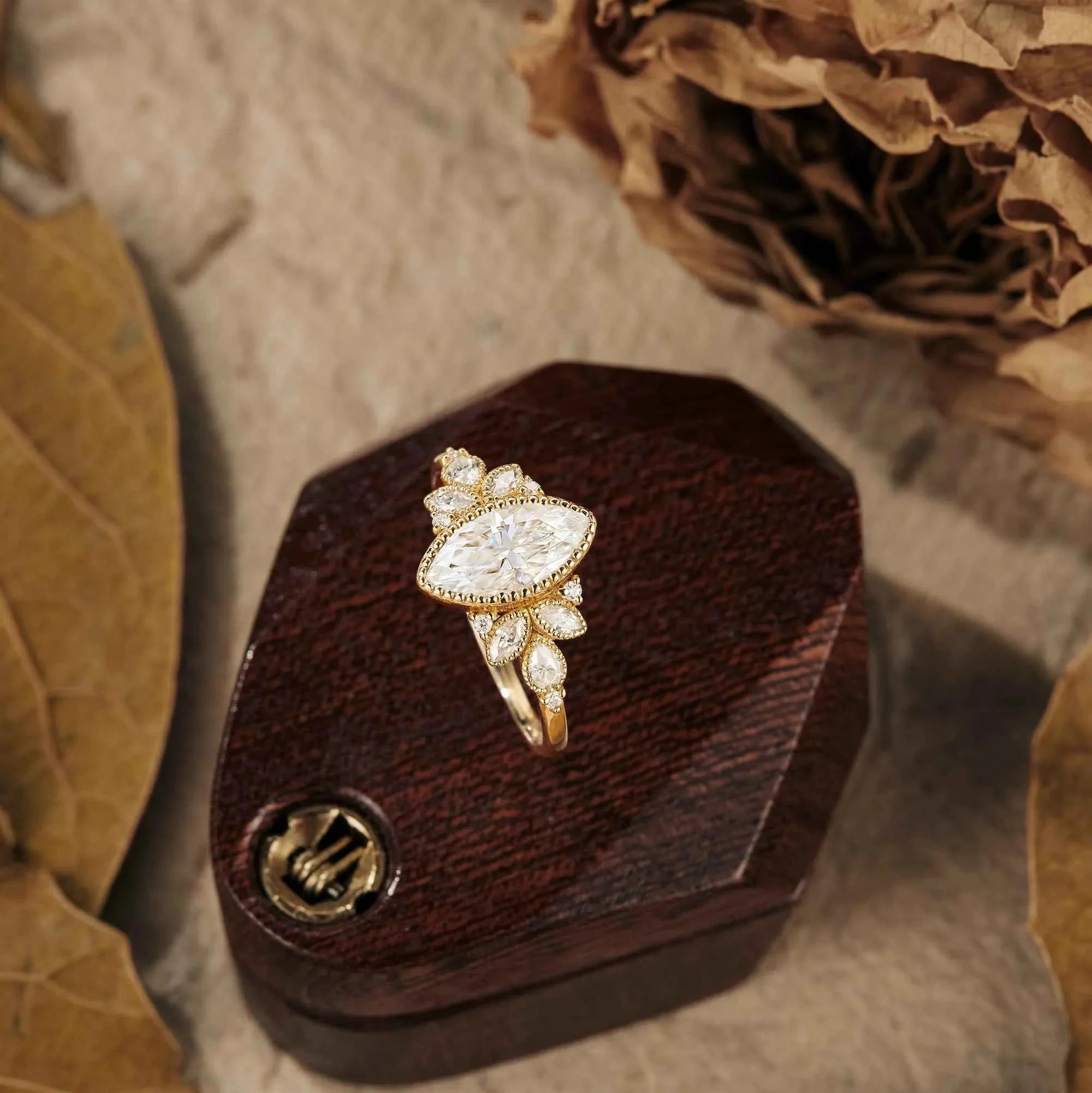 Marquise Moissanite Vintage Halo Engagement Ring - Nartya