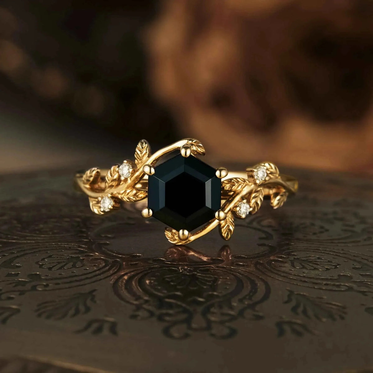 Mistletoe Inspired Black Onyx Leaf Engagement Ring