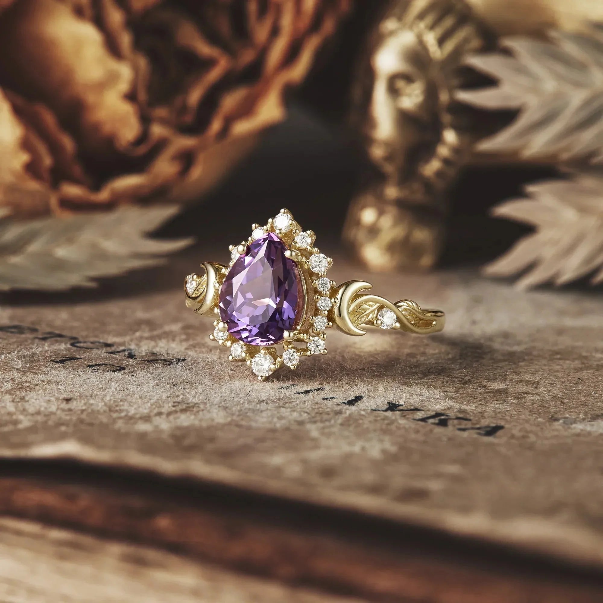 Moon and Leaf Design | Purple Sapphire Ring: Luna