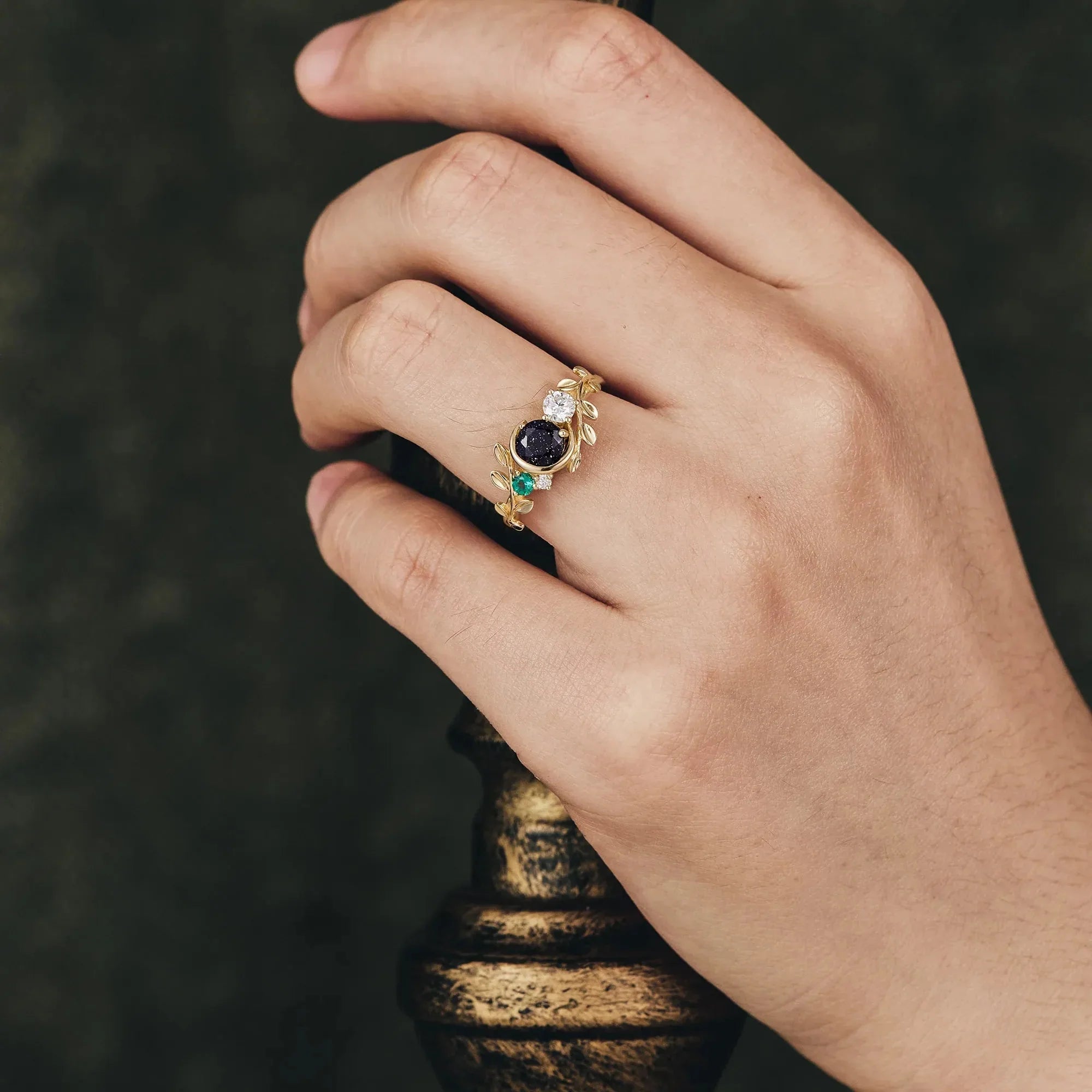 Moon and Leaf Inspired | Star Sandstone and Moissanite Ring - Lyra