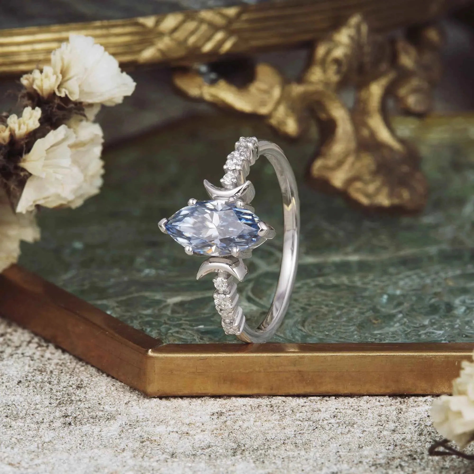 Moon Inspired Marquise Gray Moissanite Engagement Ring - Nartya