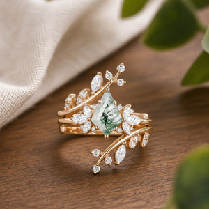 Sylvie’s Foliage hexagon moss agate bridal set on a natural walnut tabletop