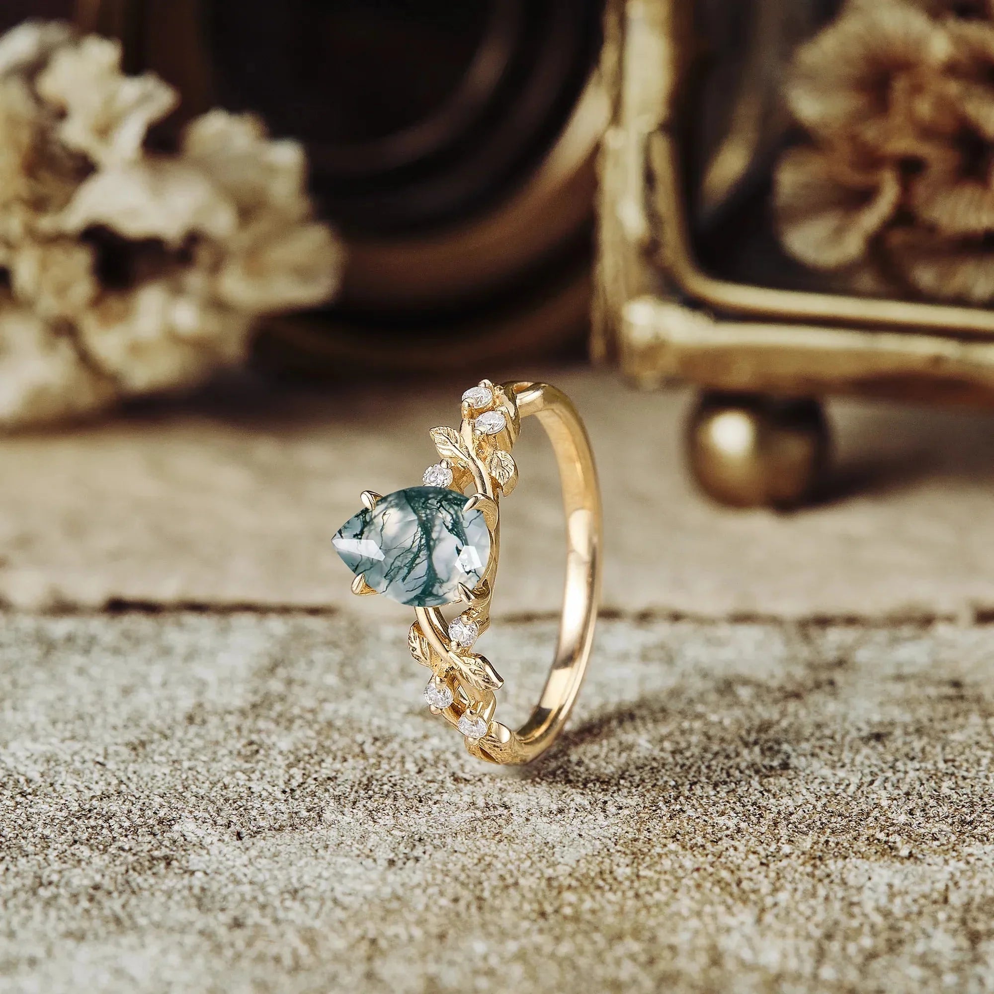 Moss Agate Leaf Engagement Ring - Nartya