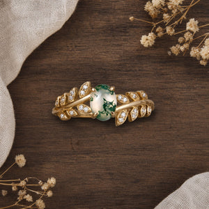Two-stone Leaf Moss Agate Engagement Ring — flat walnut tabletop