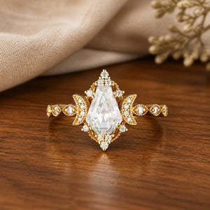 Coffin Shaped Moissanite Cluster Engagement Ring on walnut tabletop