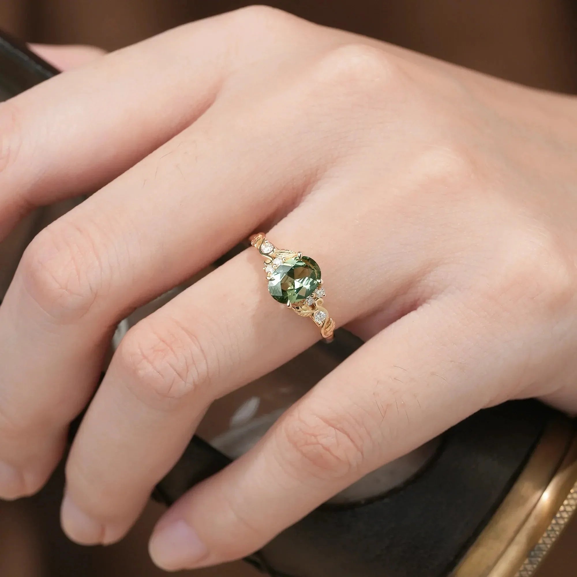 Nature's Embrace: Oval Cut Green Sapphire Leaf Ring - Lila