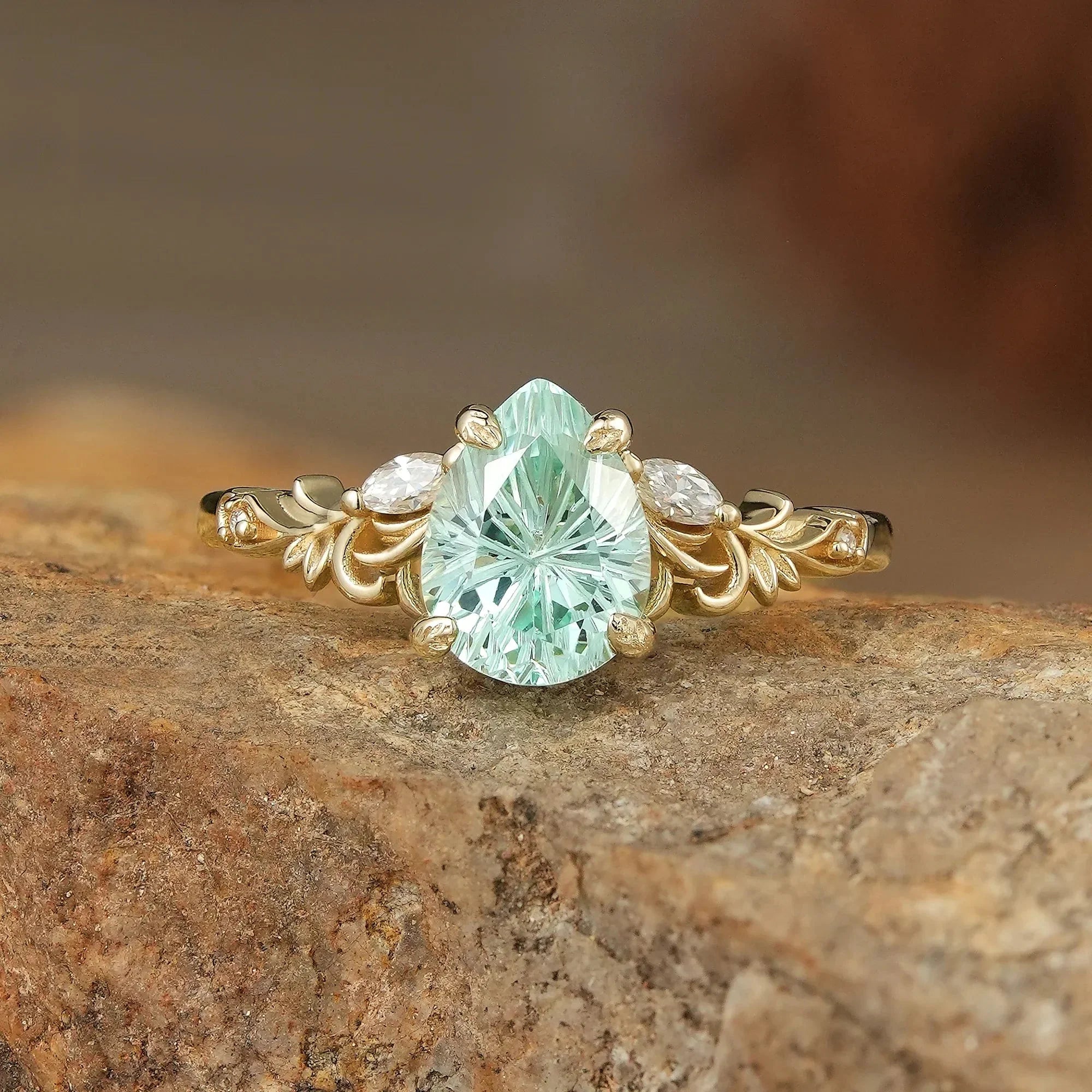 Olive Branch Inspired Sparkle Cut Green Sapphire Engagement Ring - Rene | Nartya