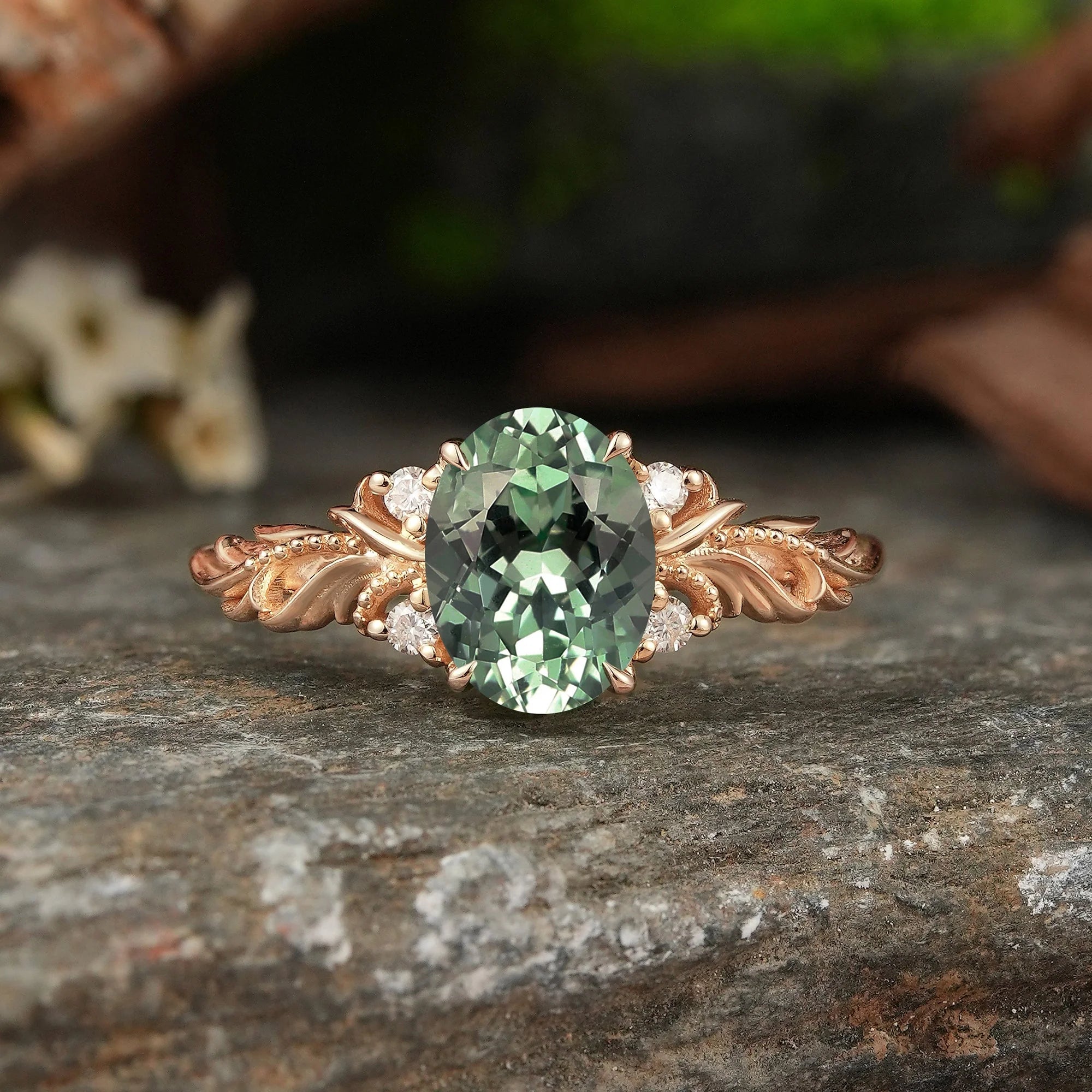 Oval Cut Green Sapphire Leaf And Vine Inspired Milgrain Engagement Ring - Kimberly