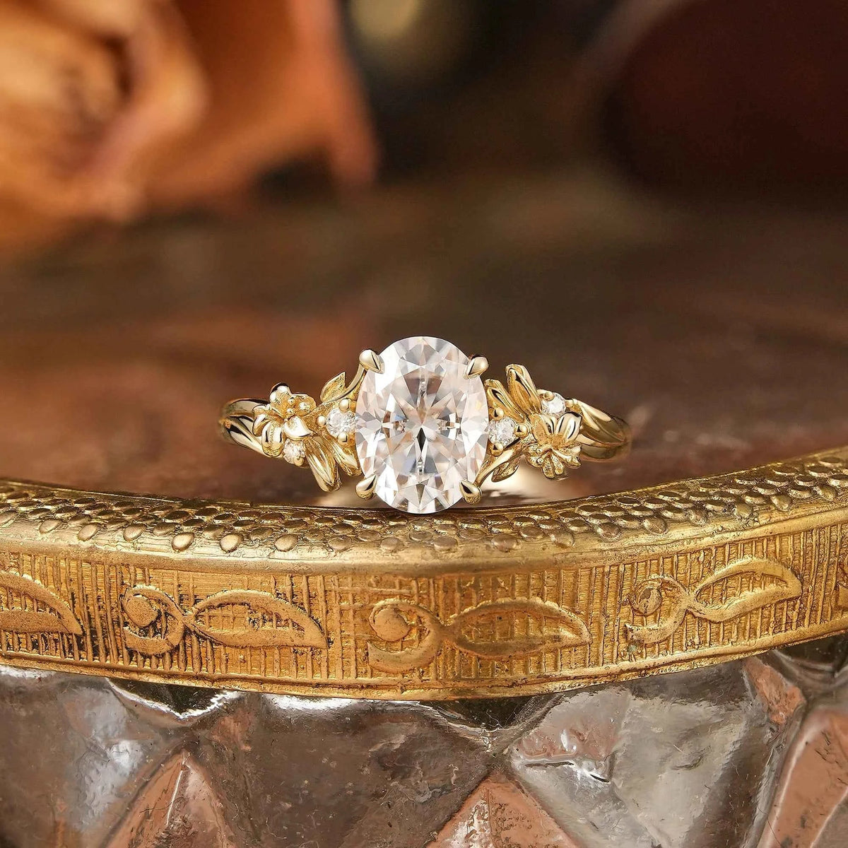 Oval Cut Moissanite Lily Flower Inspired Engagement Ring - Celine