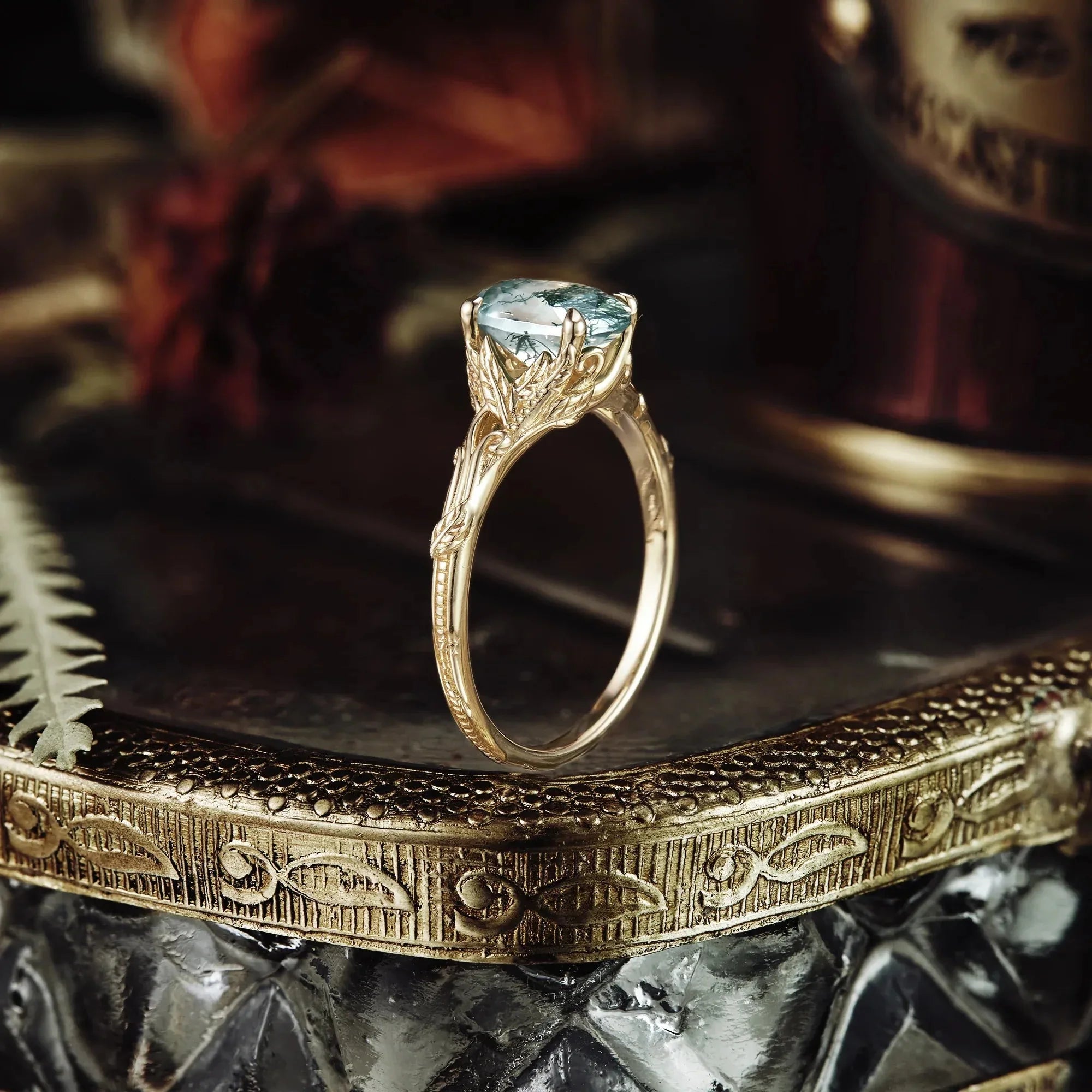 Oval Cut Moss Agate Leaf and Filigree Ring - Isla