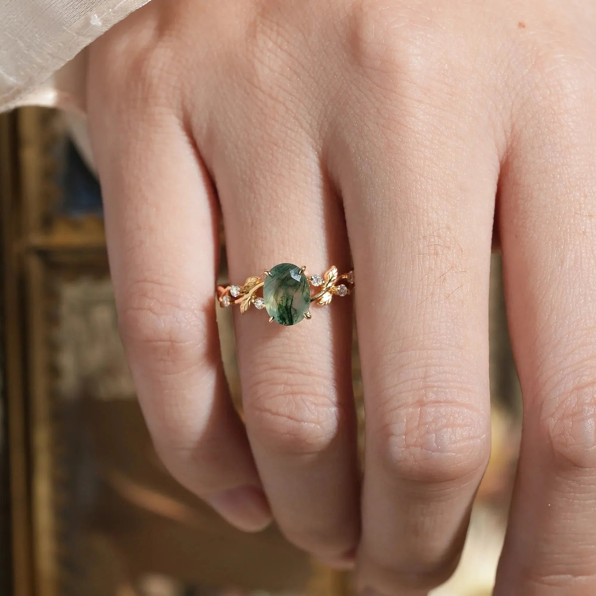 Oval Cut Moss Agate Leaf Engagement Ring - Mabel - Nartya