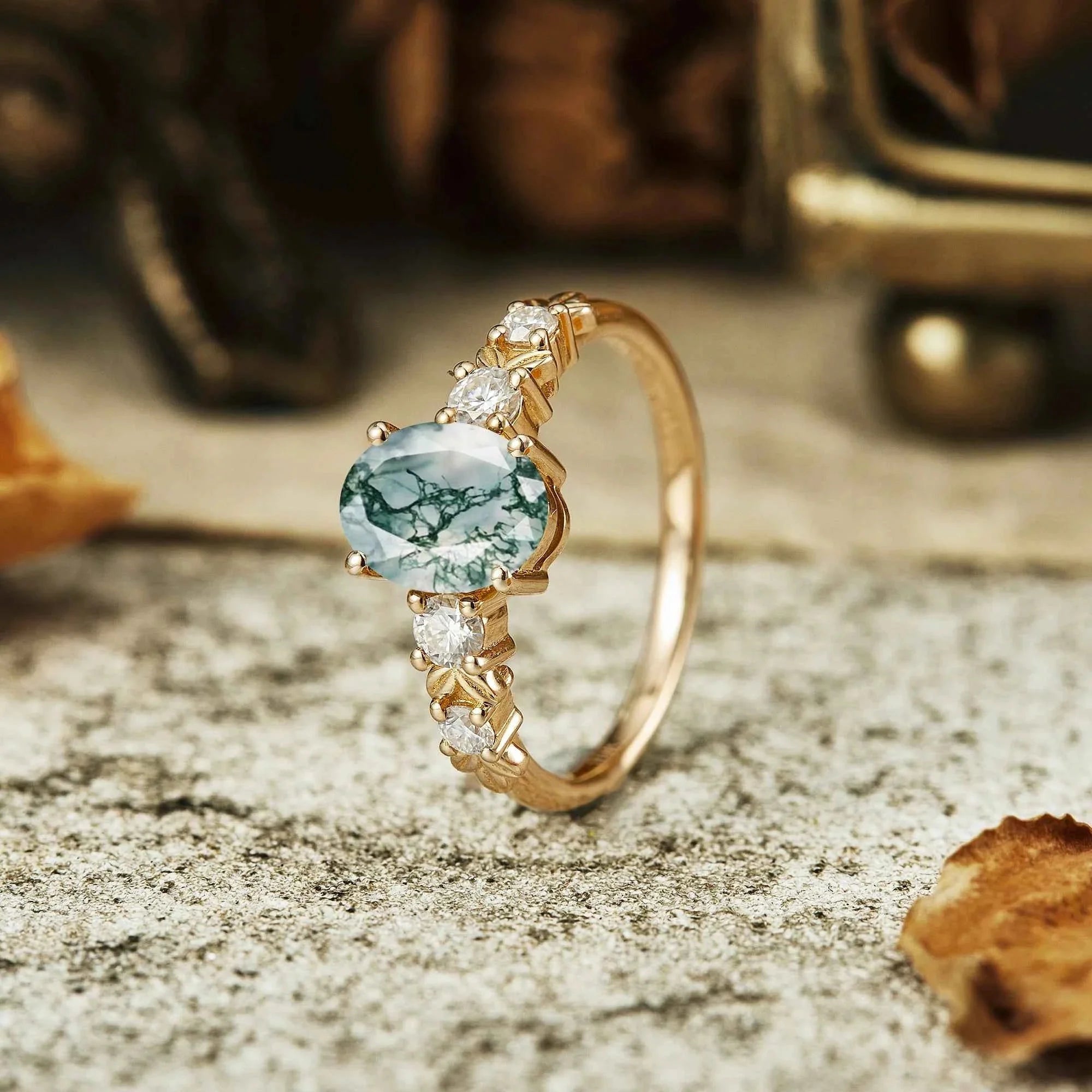 Oval Cut Moss Agate Leaf Inspired Elven Engagement Ring
