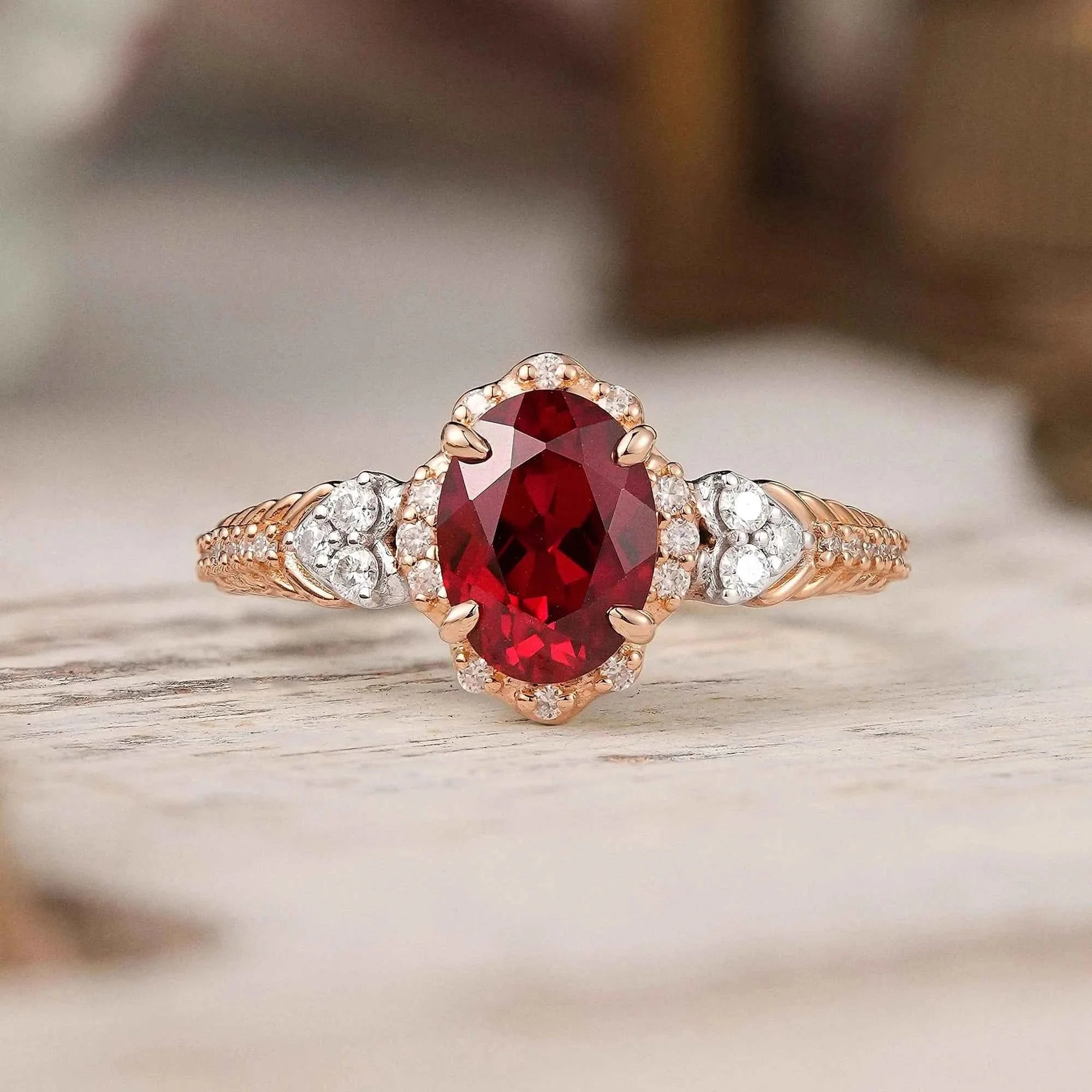Oval Cut Ruby Halo Vintage Inspired Engagement Ring