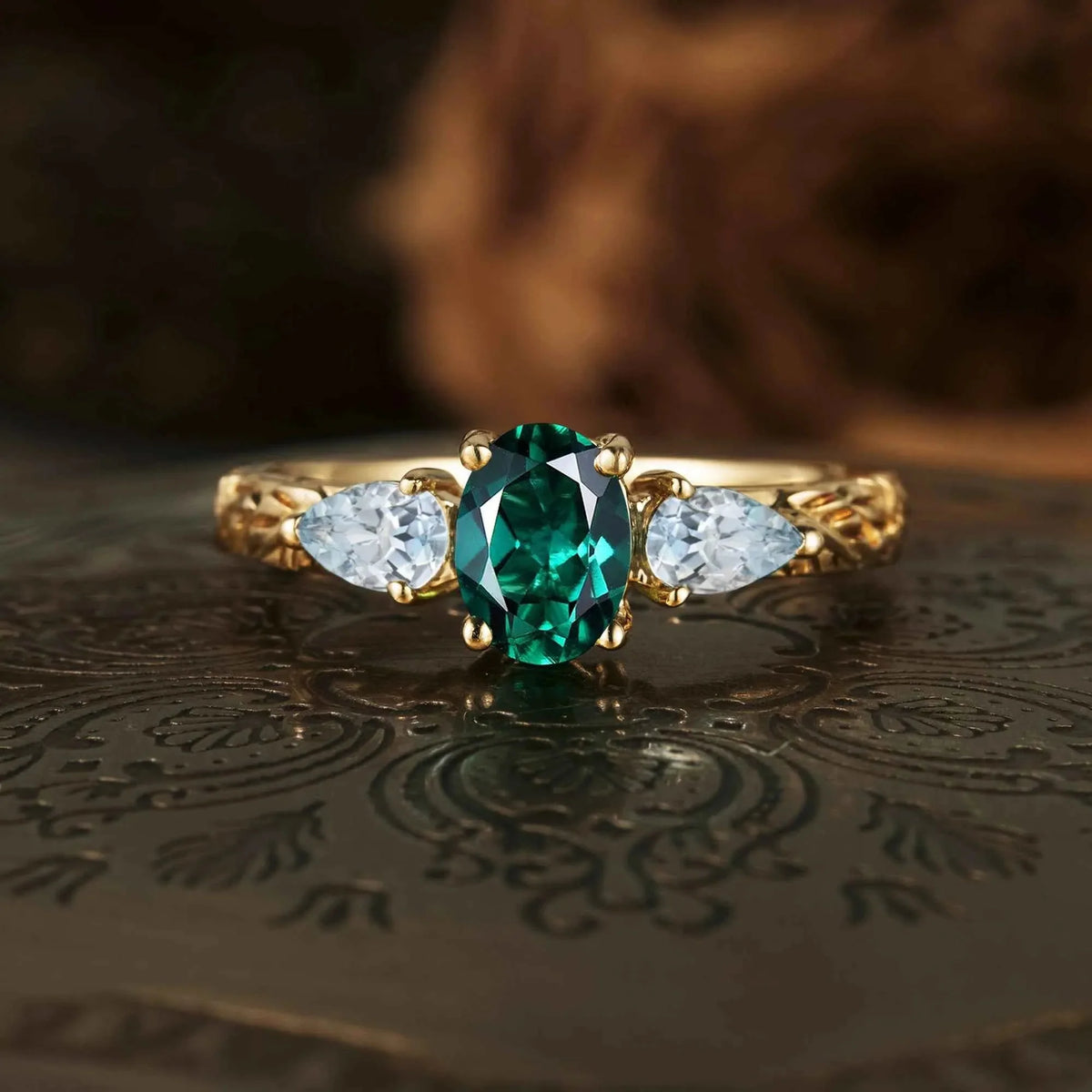 Oval Emerald & Aquamarine Cluster Engagement Ring