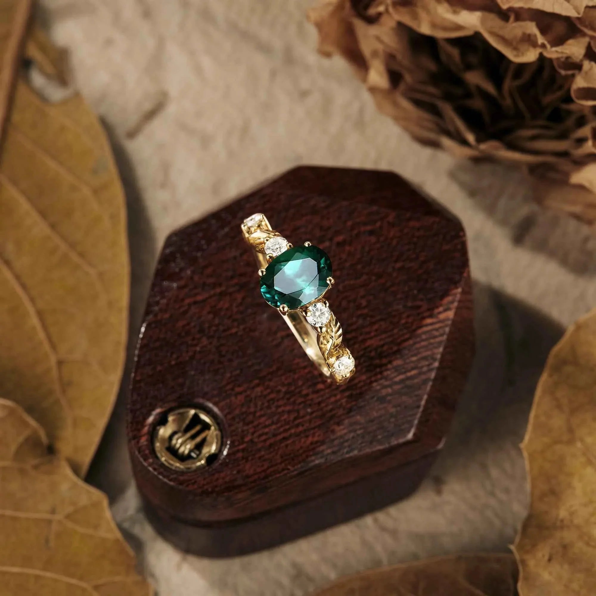Oval Emerald Leaf Engraved Engagement Ring - Nartya