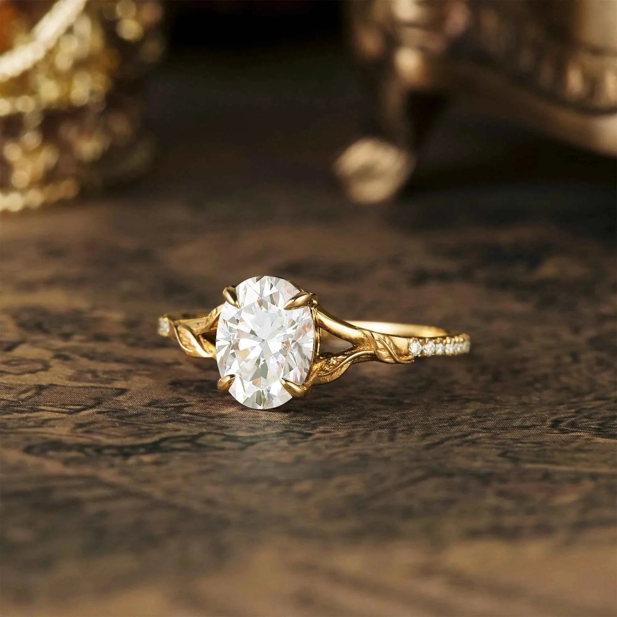 Oval Moissanite Half Eternity Leaf Engagement Ring - Nartya
