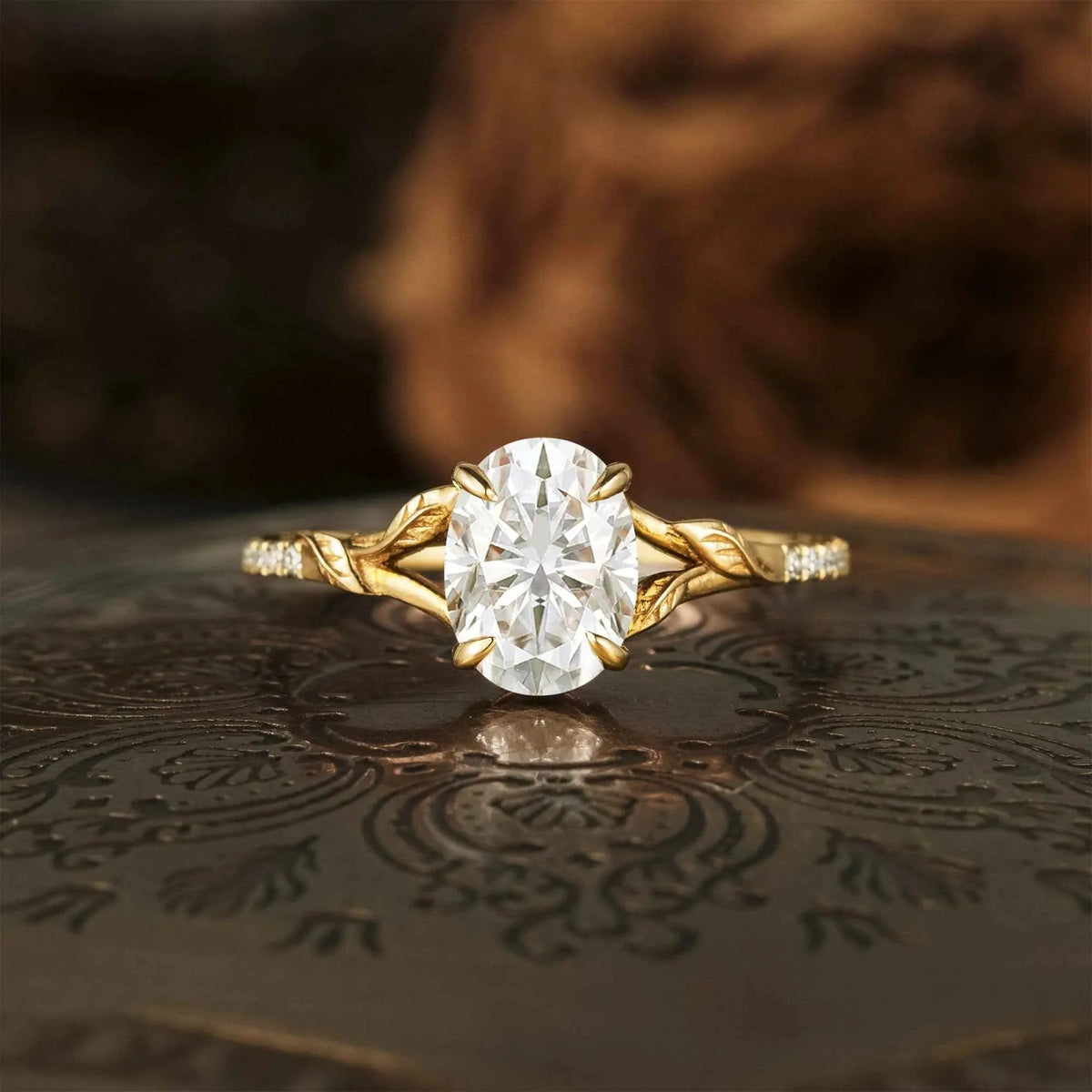 Oval moissanite half-eternity leaf engagement ring