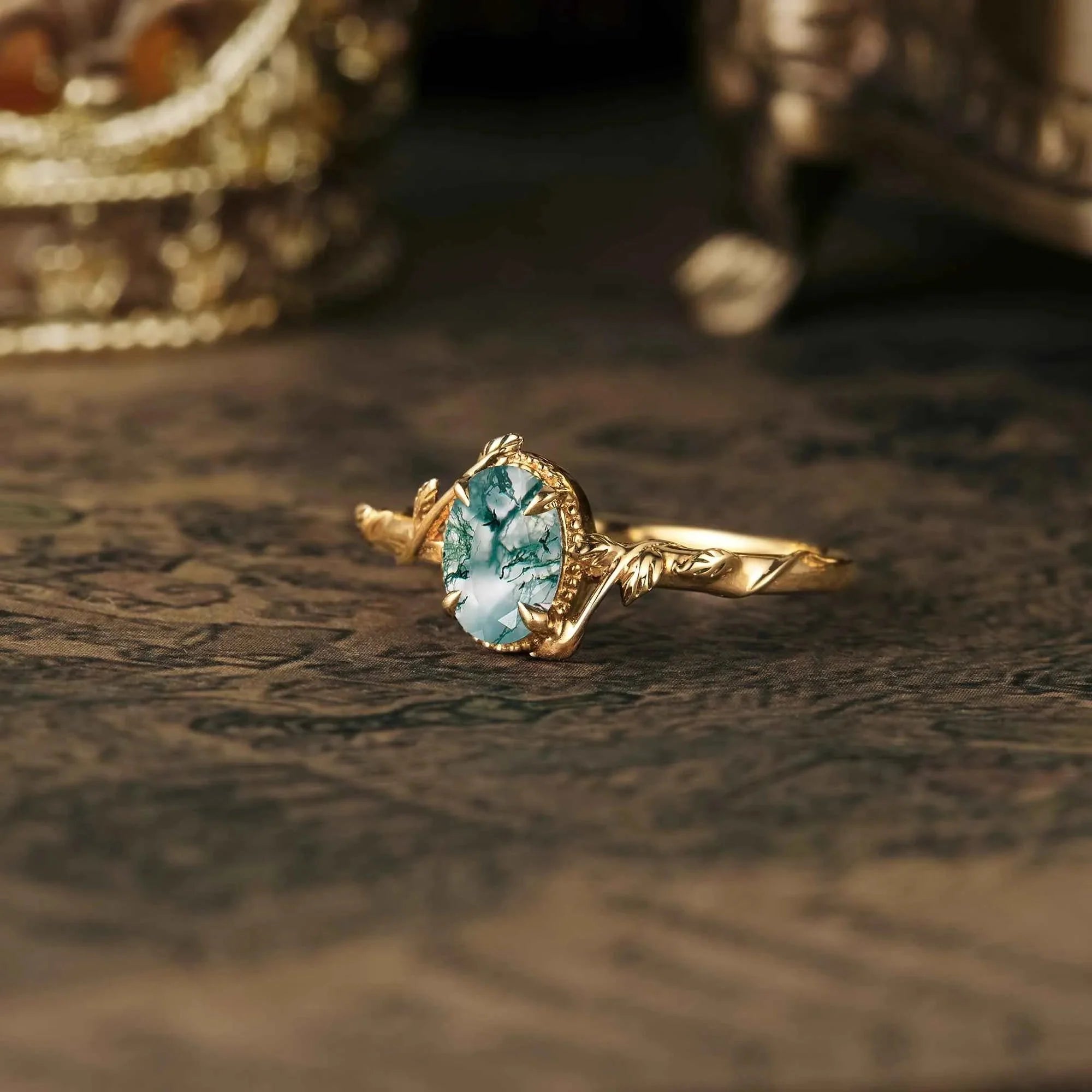 Oval Moss Agate Natural Inspired Leaf Engagement Ring - Nartya