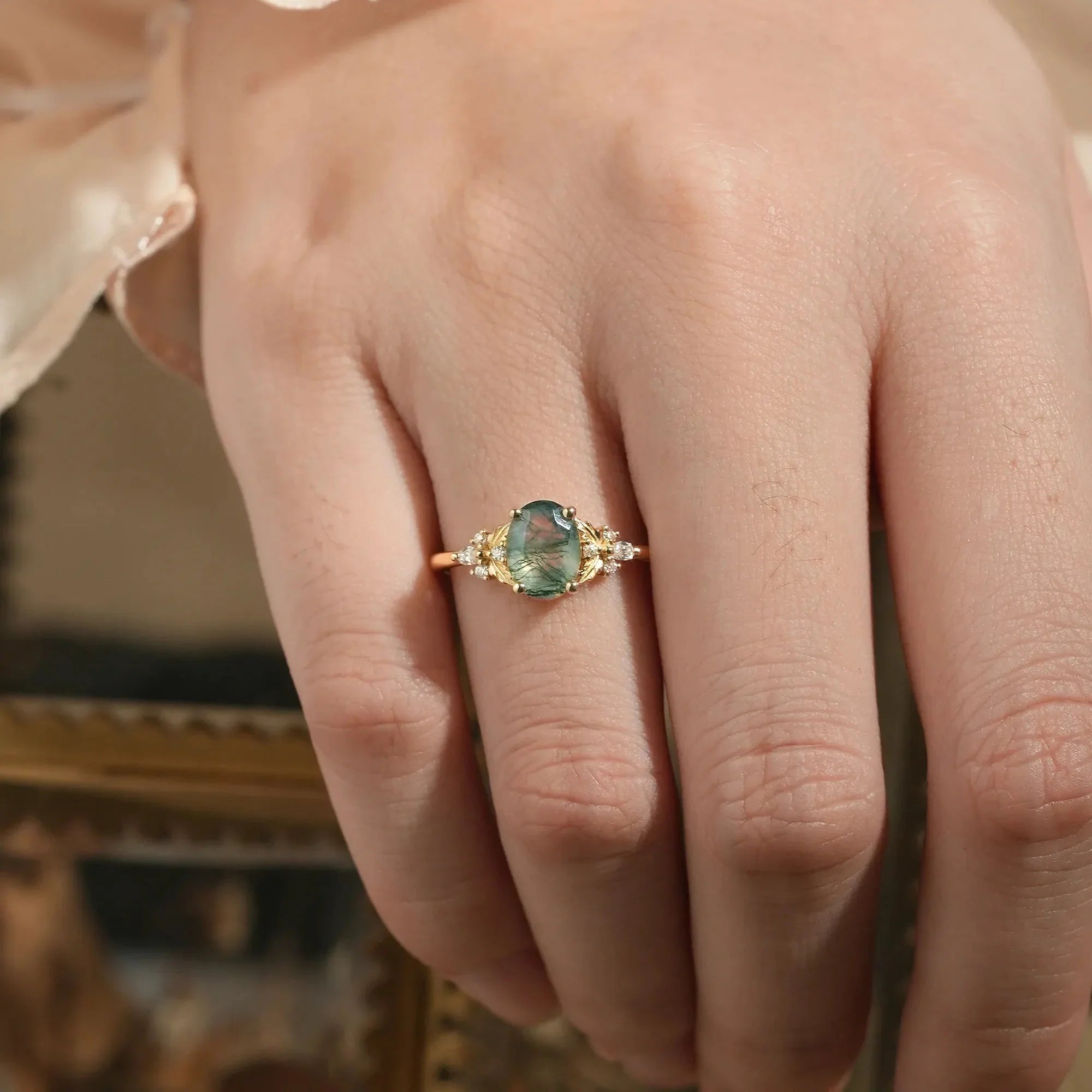 Oval Shaped Moss Agate Engagement Ring-Faye
