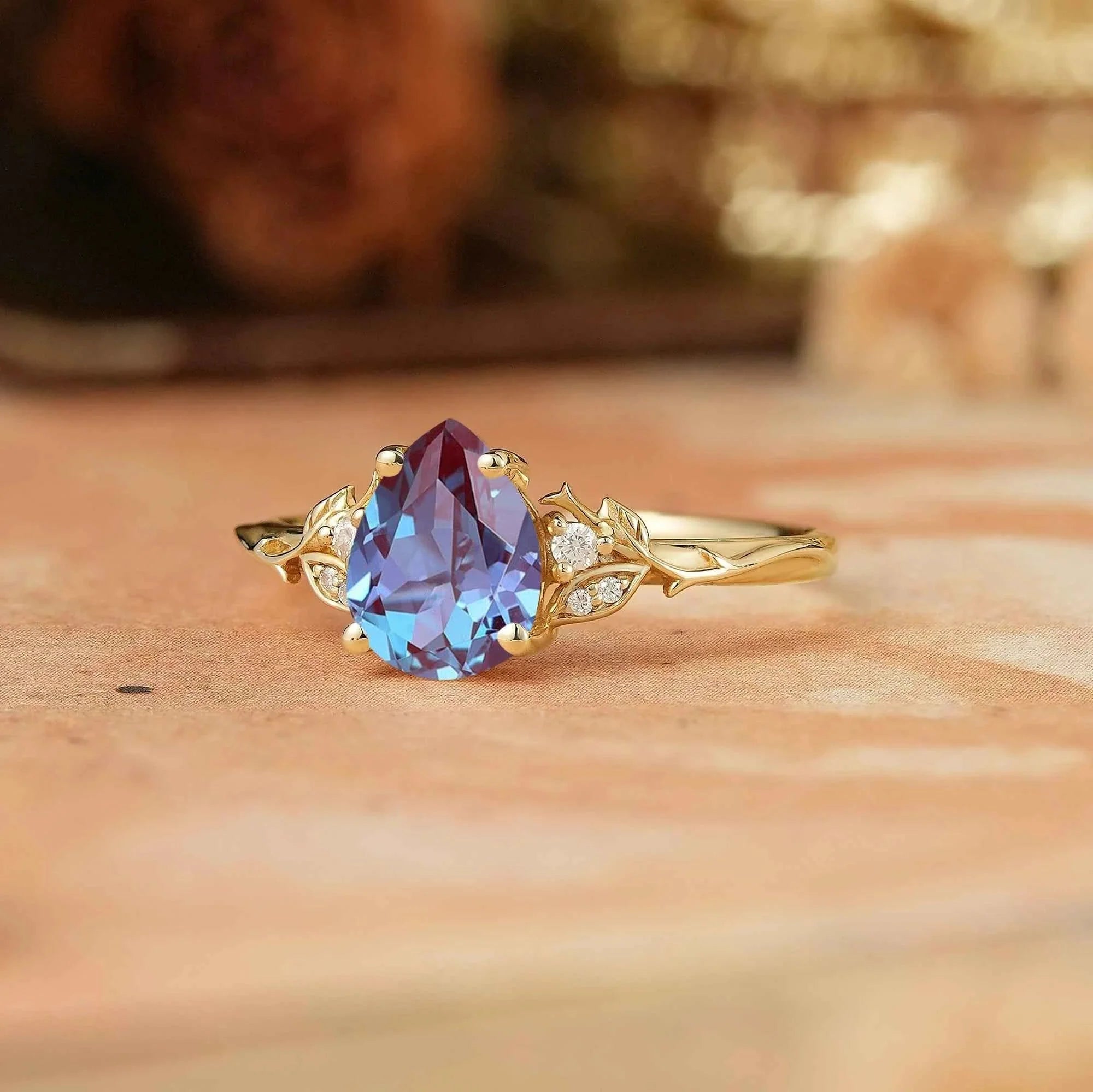 Pear Cut Alexandrite Leaf Inspired Engagement Ring - Joyce