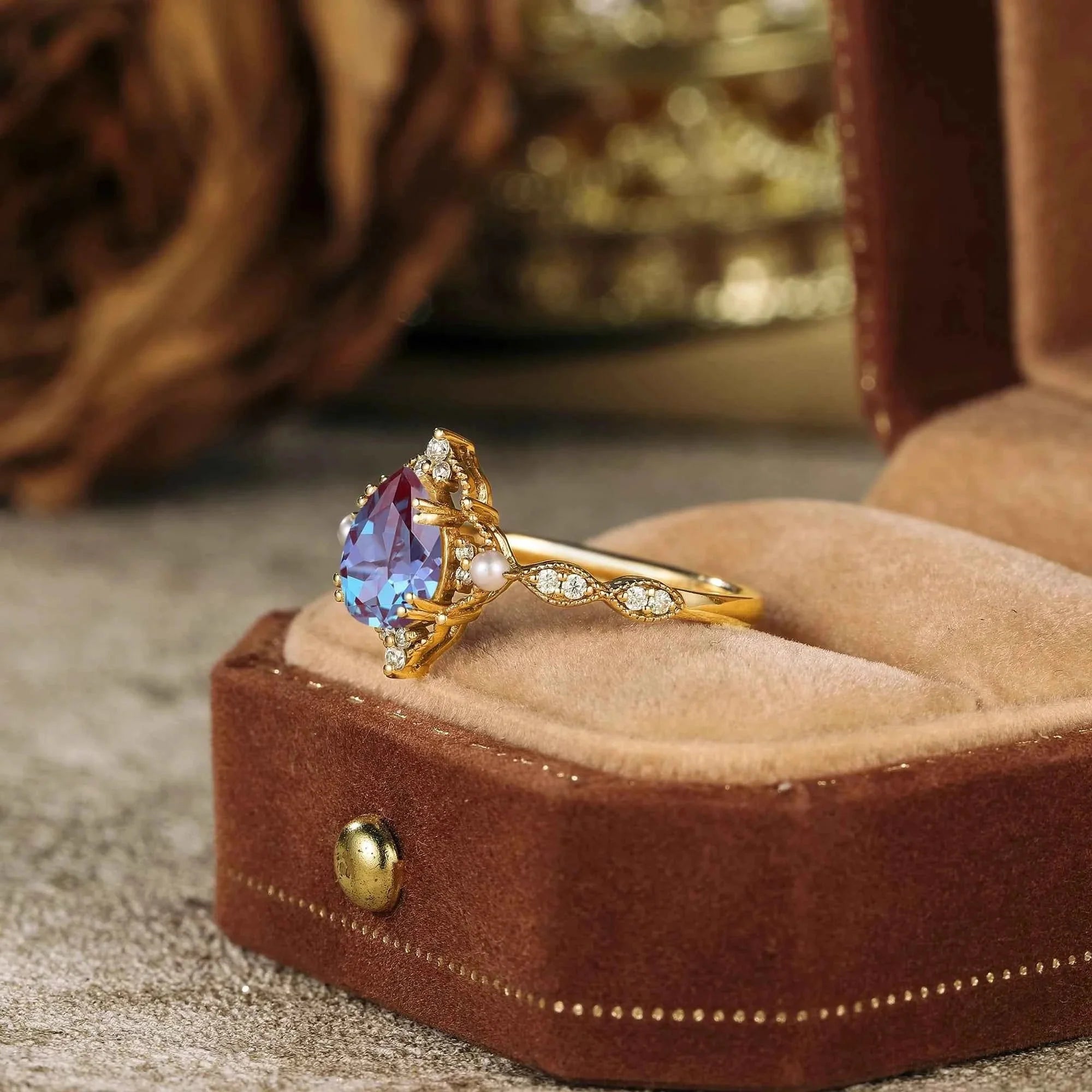 Pear Cut Alexandrite Milgrain Vintage Engagement Ring