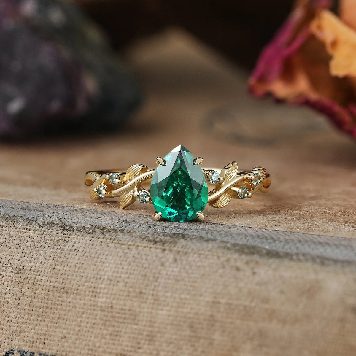 Pear Cut Emerald Brushed Gold Leaf Engagement Ring