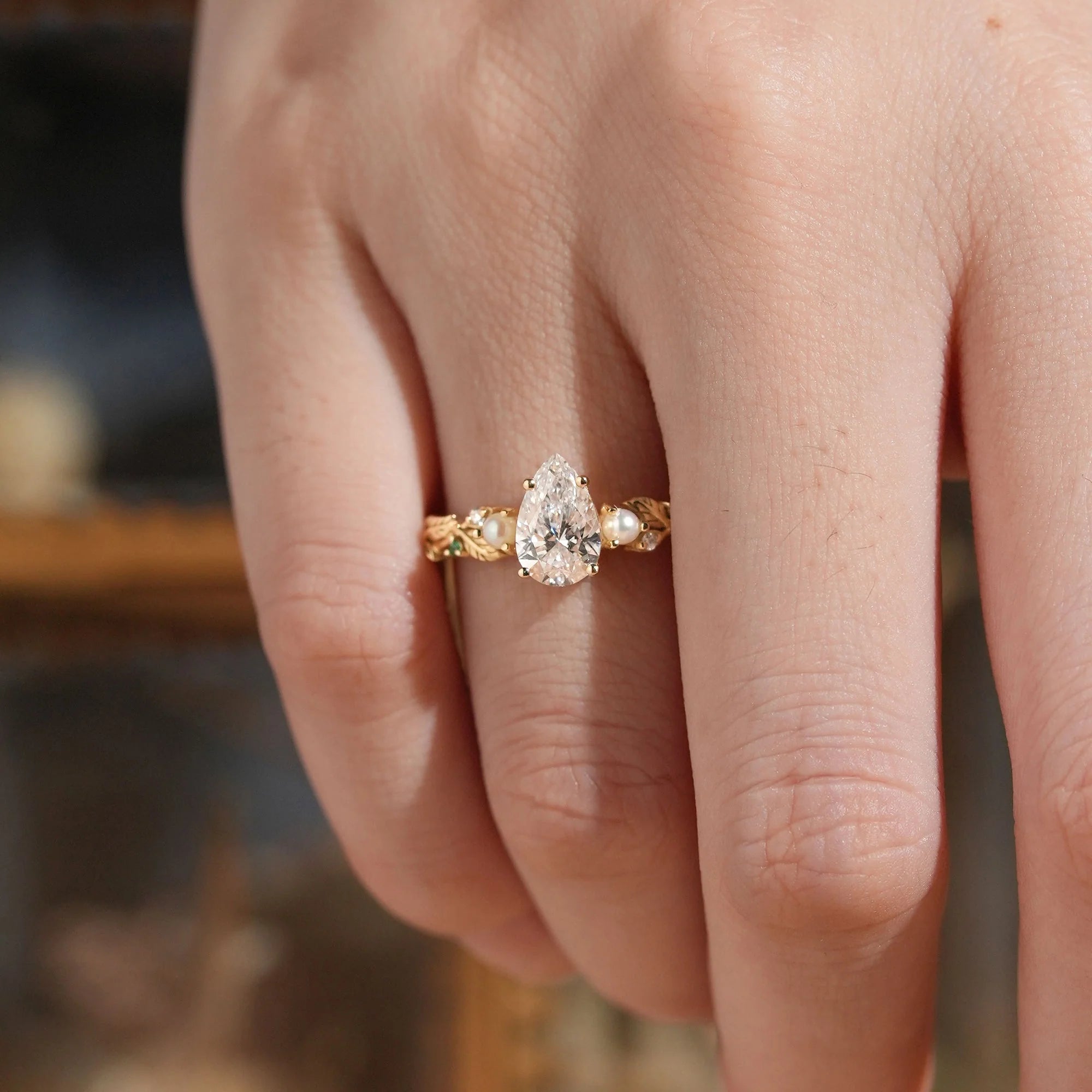 Pear Cut Lab Grown Moissanite Leaf Engagement Ring With Pearl And Emerald - Addison | Nartya