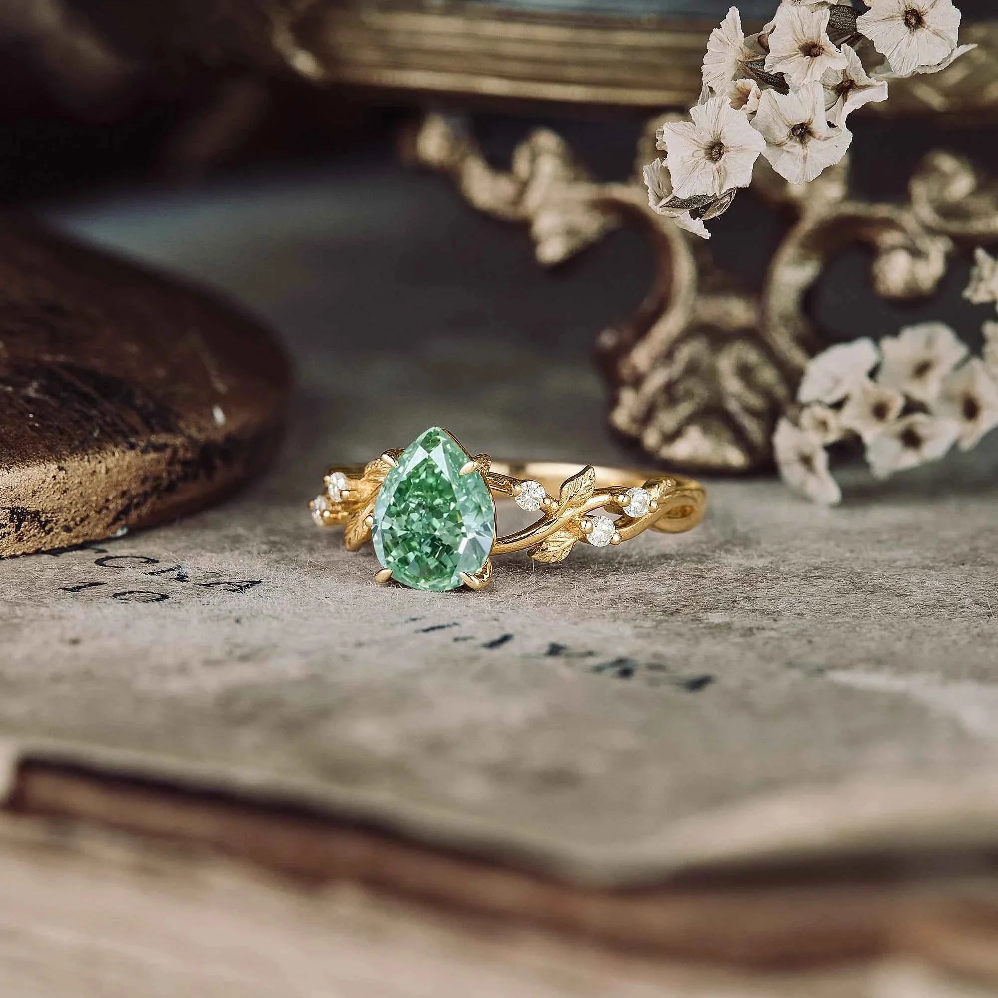 Pear Cut Lab Grown Green Moissanite Leaf Engagement Ring - Caroline | Nartya