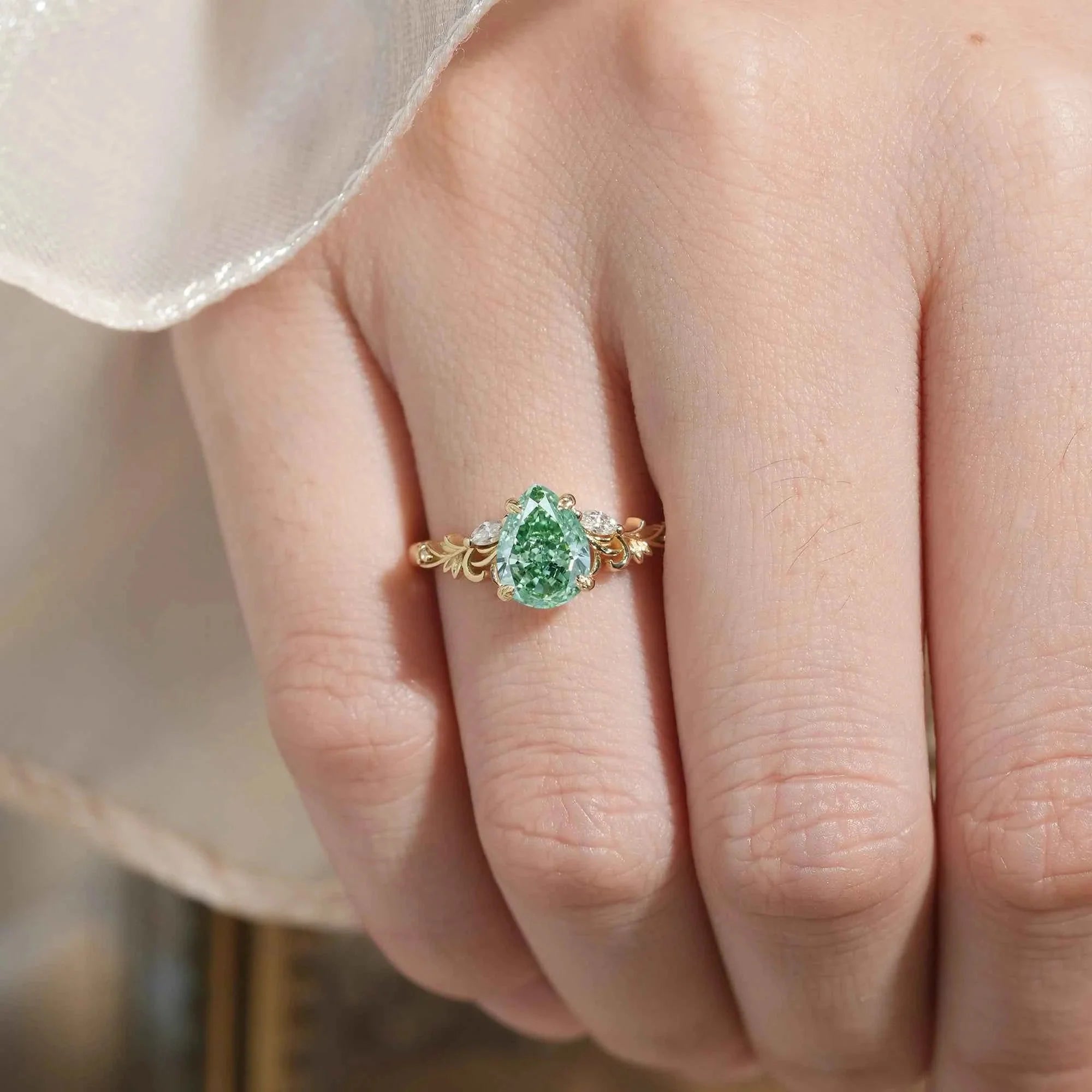 Pear Cut Lab Grown Green Moissanite Olive Branch Inspired Engagement Ring - Rene | Nartya